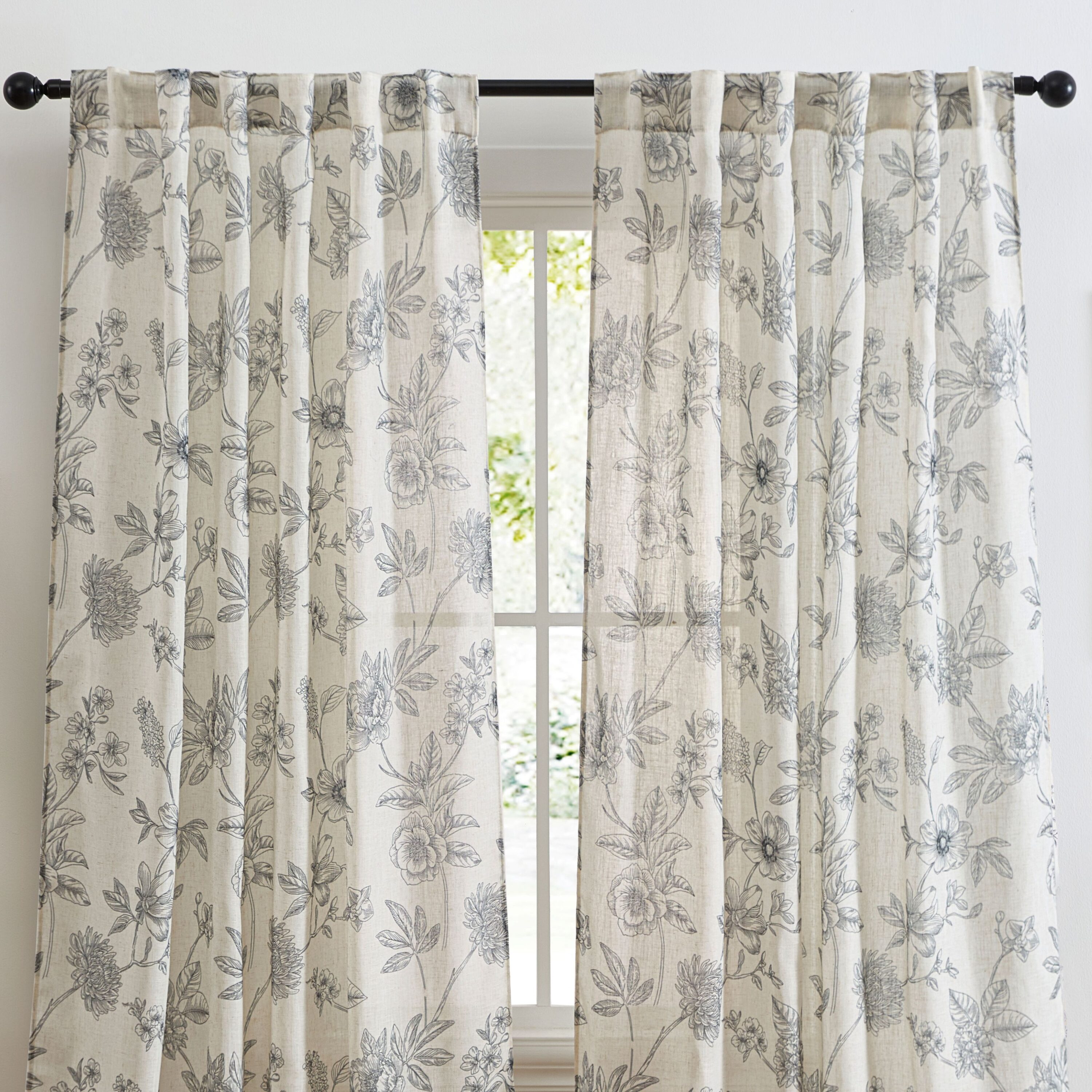HLC.me  Brookville Linen Floral Patterned Curtains - Back Tab Pocket Window Flower Curtains Panels for Bedroom -  2 Panels - Black -  84 inches long