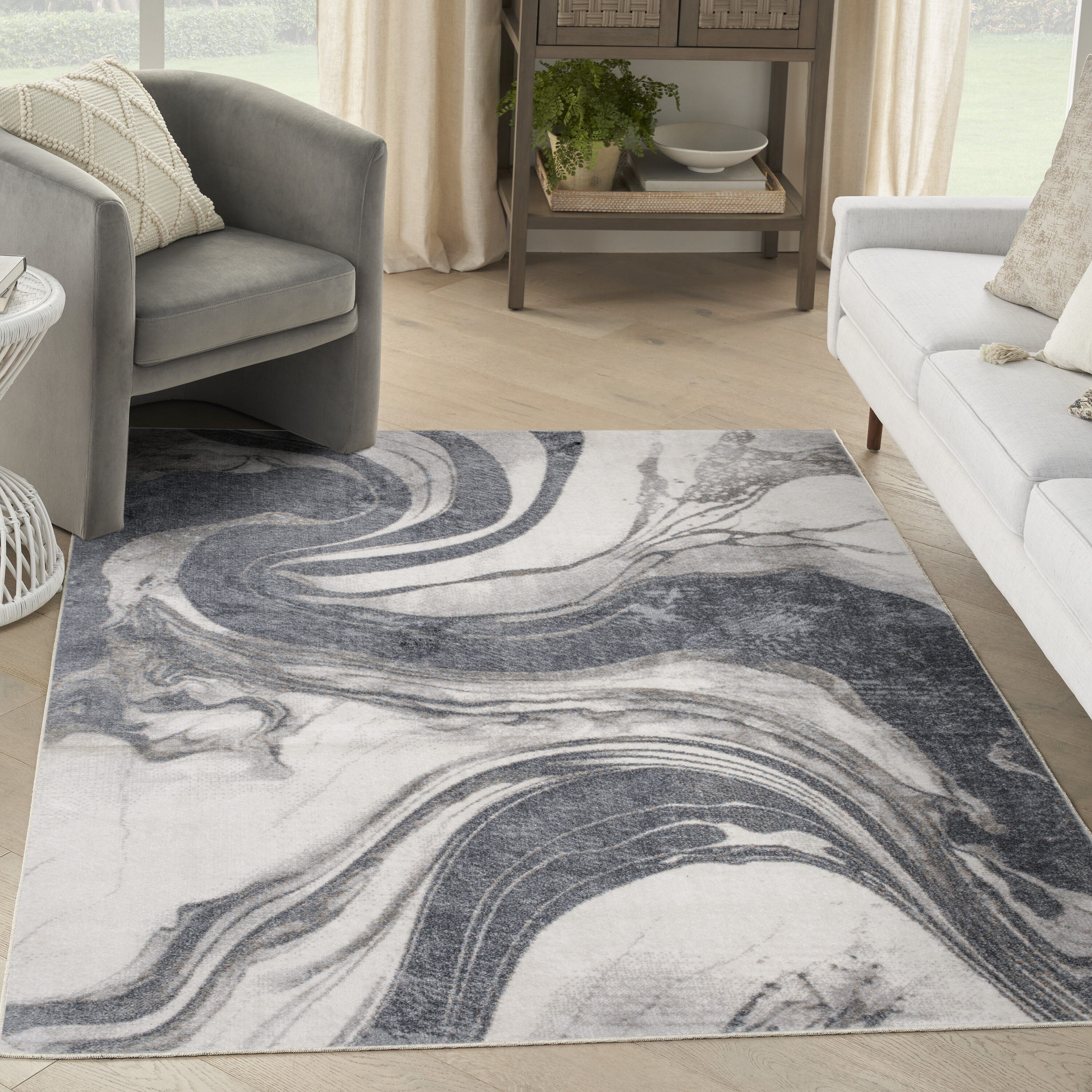 Nourison Home 099446977908 Astra Machine Washable 4 x 6 (ft) Loomed Polyester Ivory Grey Rectangular Indoor Abstract Machine washable Area rug