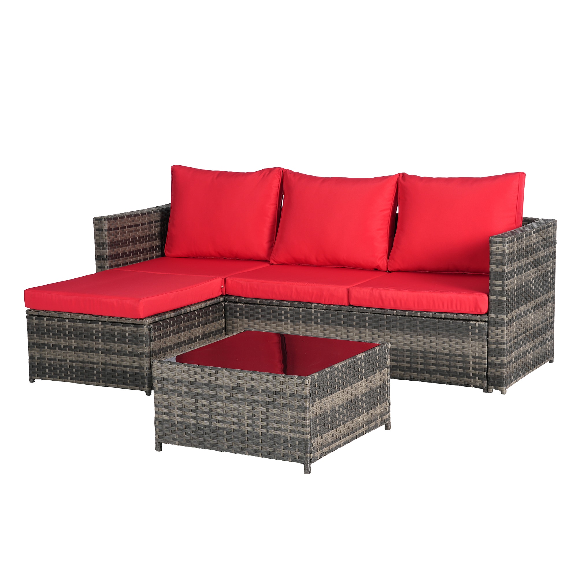 SINOFURN SYB670035RD Wicker Outdoor Sectional with Red Cushions and Wicker Frame