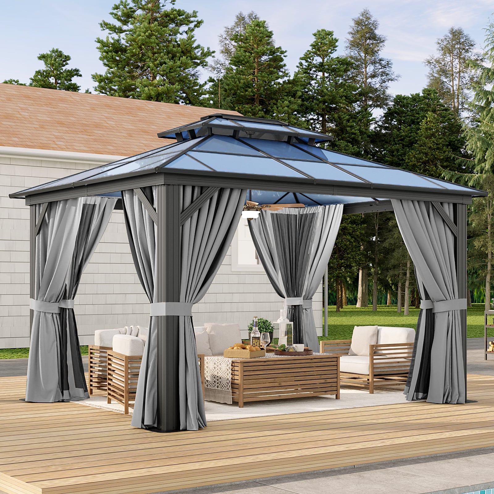 AOXUN AX-410G11 12-ft x 10-ft Outdoor Gazebos Gray Gazebo with Hardtop Roof (Screen Included)