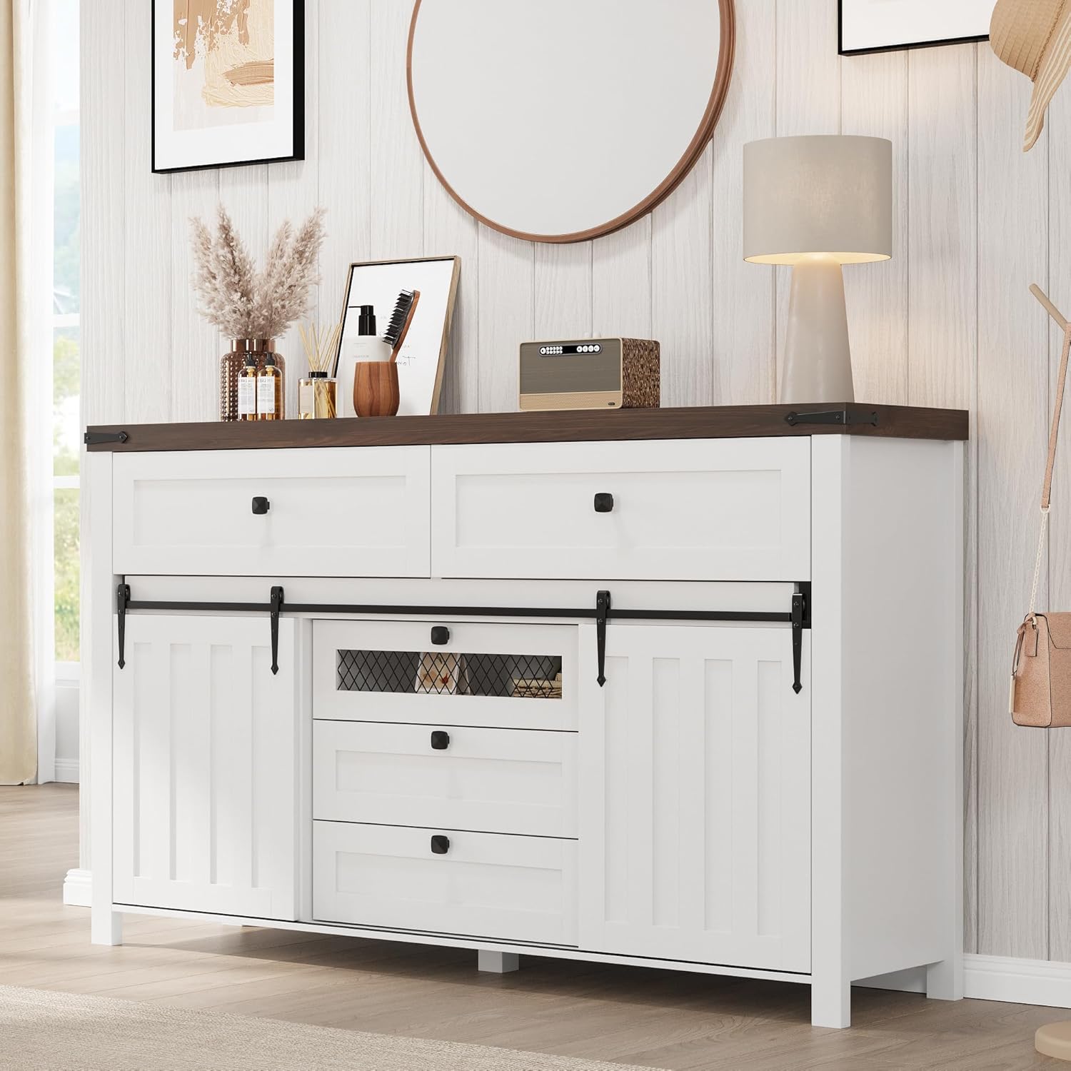 IdealHouse White Farmhouse Rustic Dresser With 5 Drawers Sliding Barn Doors Chest Of Drawers TV Stand Organizer For Bedroom Living Room