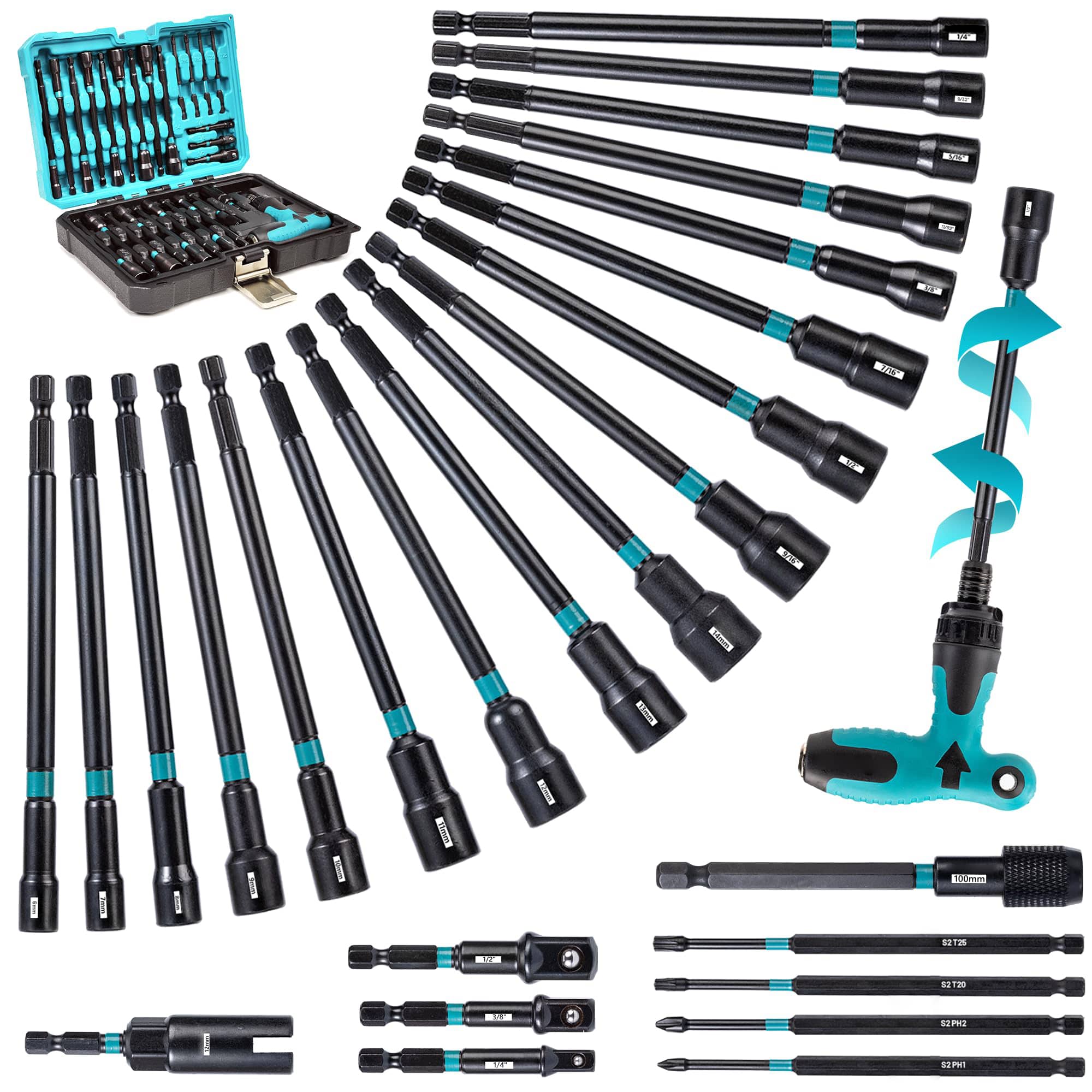 Etokfoks 27 Piece Magnetic Nut Driver Set Ratcheting T Handle Metric SAE Long Sockets Drill Bits Socket Adapters Wing Nut Driver 6 Inch #LET0303N32