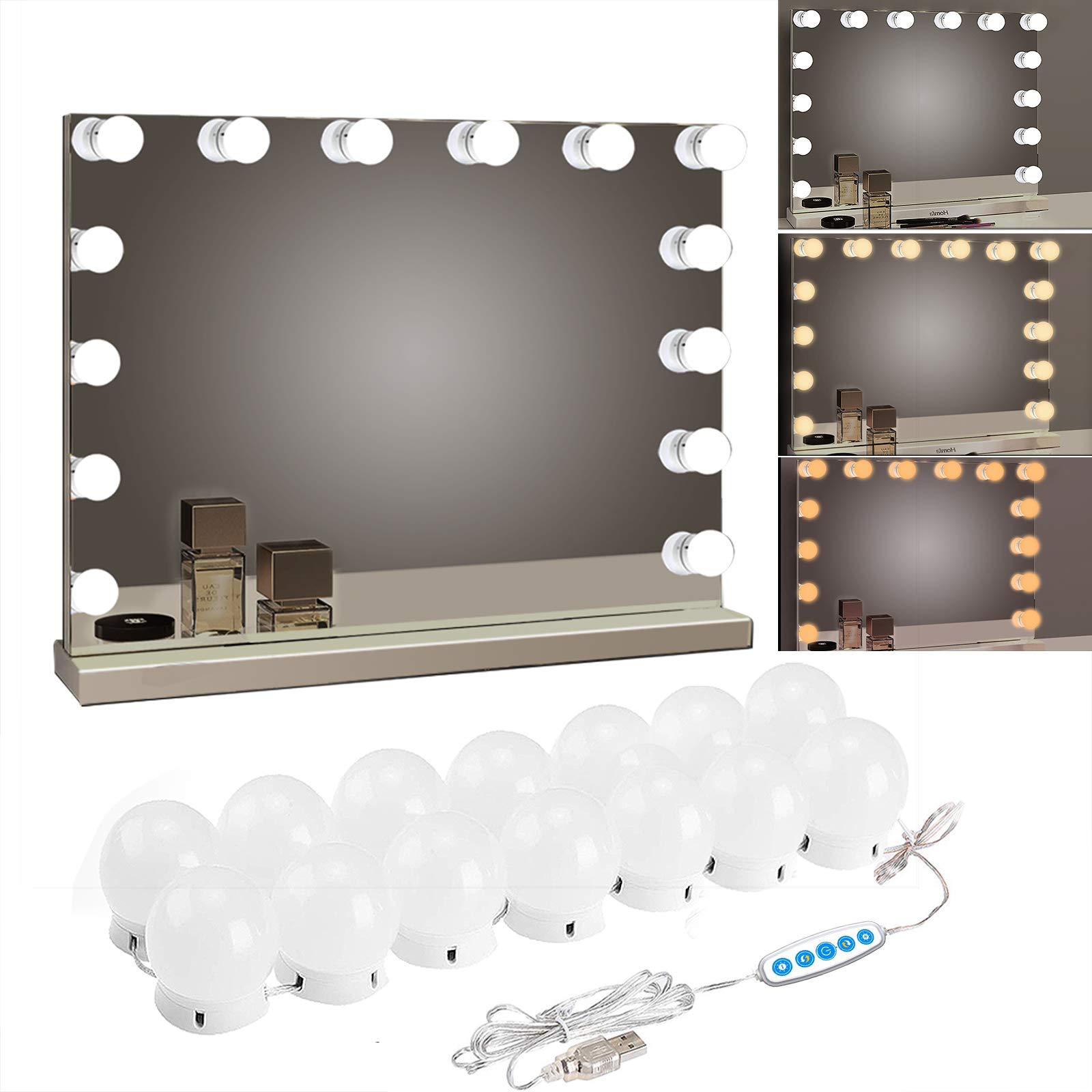  LED Vanity Mirror Lights 14 Dimmable Bulbs 10 Brightness Levels 3 Color Modes USB Powered Stick On Makeup Light Kit for Dressing Room 1 Set