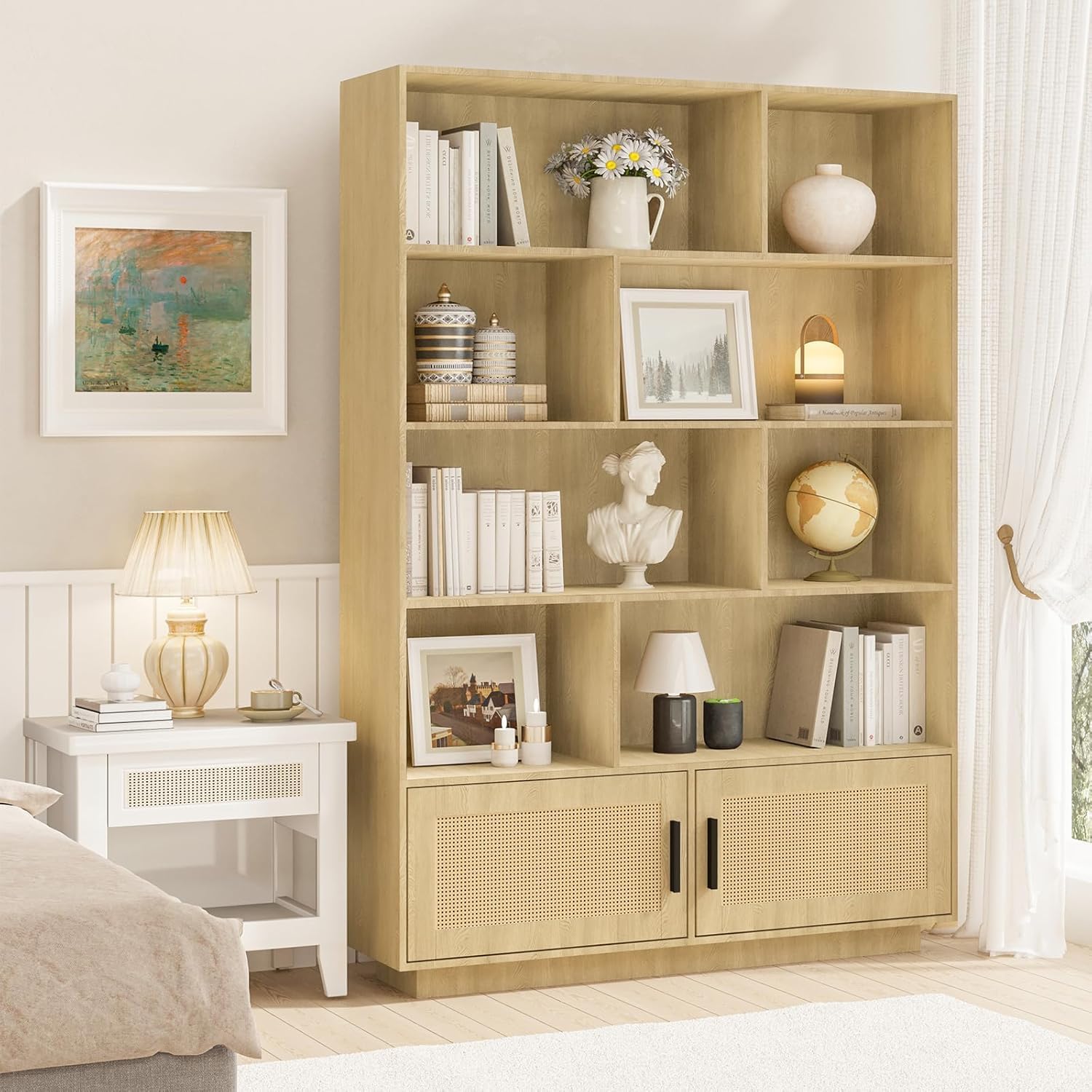 WhizMax ASDPHO34G5JNEF 5 Tier Bookshelf with Rattan Doors Wooden Bookcase Floor Mount Durable Square Shelf 63 Inch Tall