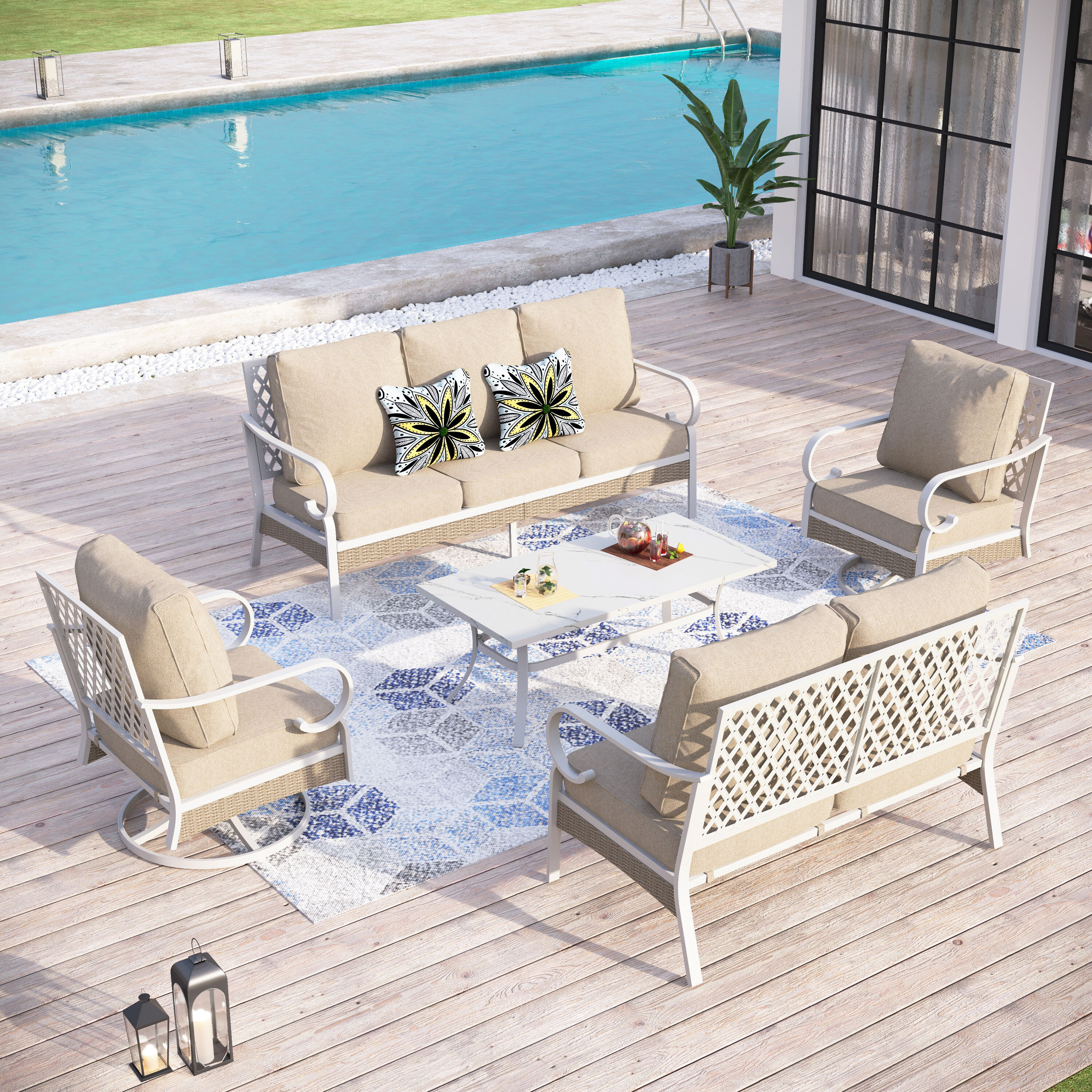Sunshine Valley CP002-09-7-BE 5 -Piece Wicker Patio Sofa Conversation Set with Tan CUSHION PRO Cushions