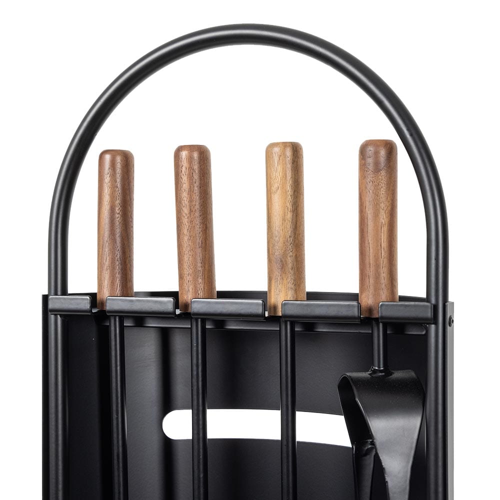 Noah Black Steel Fireplace Tool Set with Natural Wood Handles