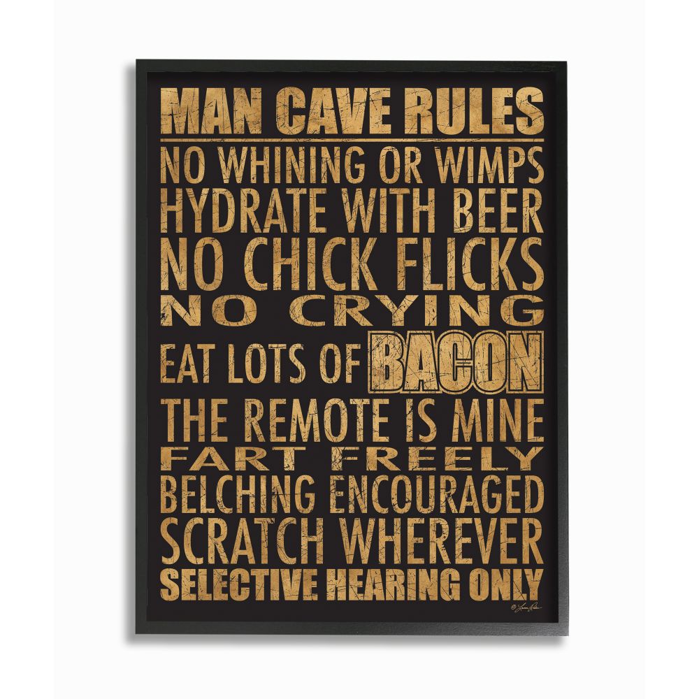 Stupell Industries AB-888-FR-16X20 Man Cave Rules with Rustic Distressed Text Lauren Rader Black Framed Wood Framed 20-in H x 16-in W Inspirational Print