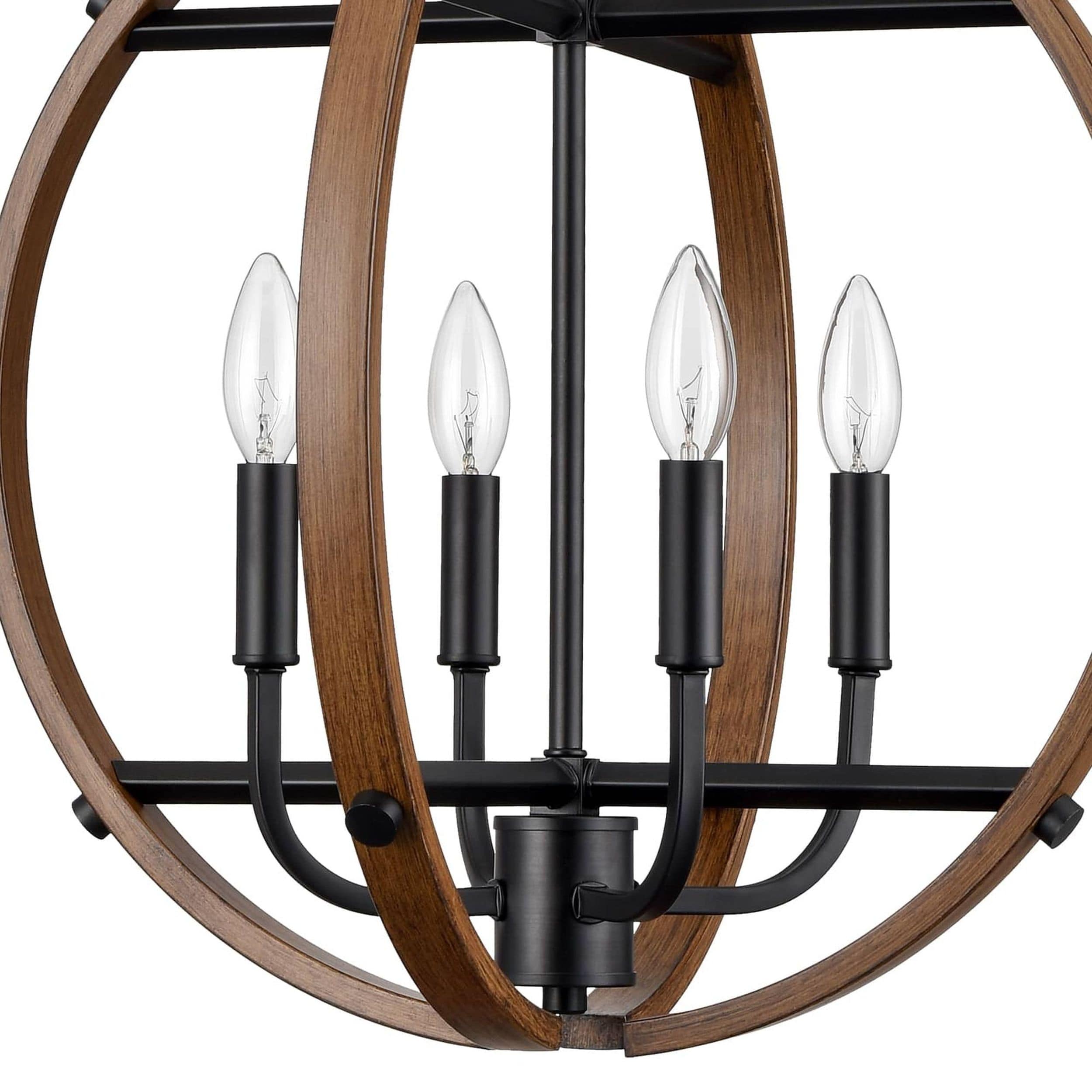 Rustic Black and Wood Grain Globe Pendant Light with Candle Bulbs