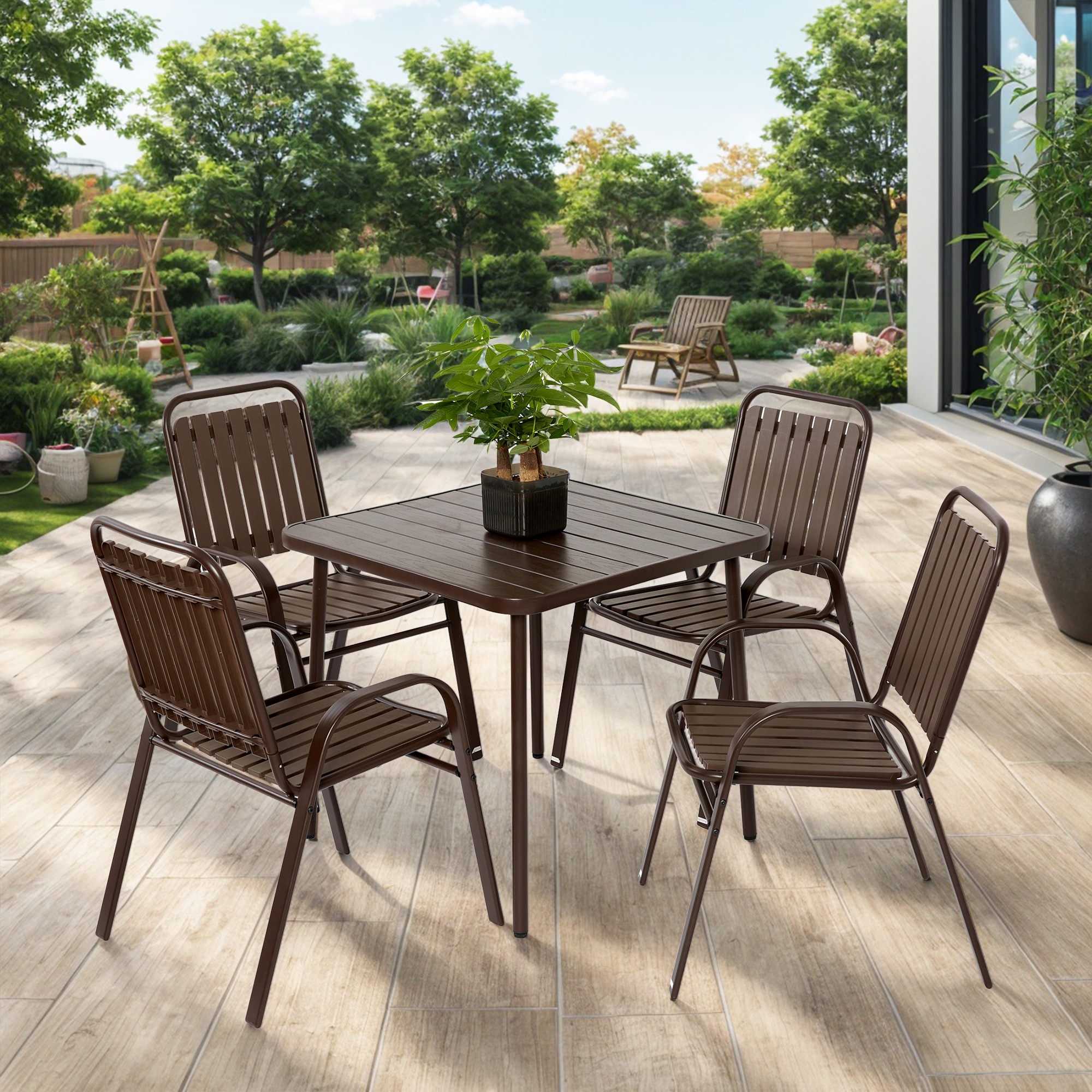 Mondawe MD-AB74250 5 -Piece Brown Patio Dining Set Steel Square Table with 4 Stationary Chairs