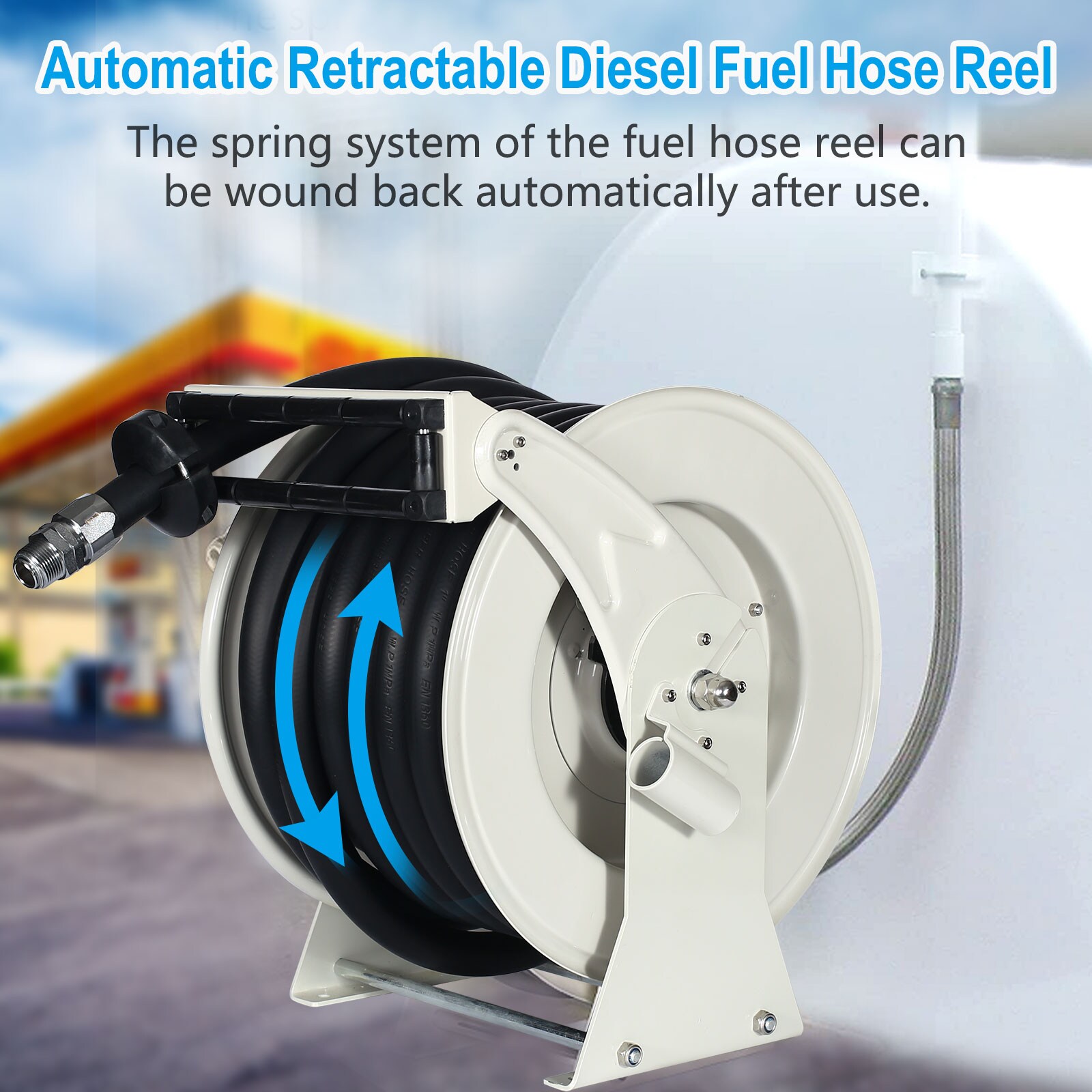 1 X 50 Ft. Extra Long Retractable Heavy Duty Carbon Steel Construction Fuel Hose  Reel with Automatic Fuel Nozzle in the Air Compressor Hoses department at