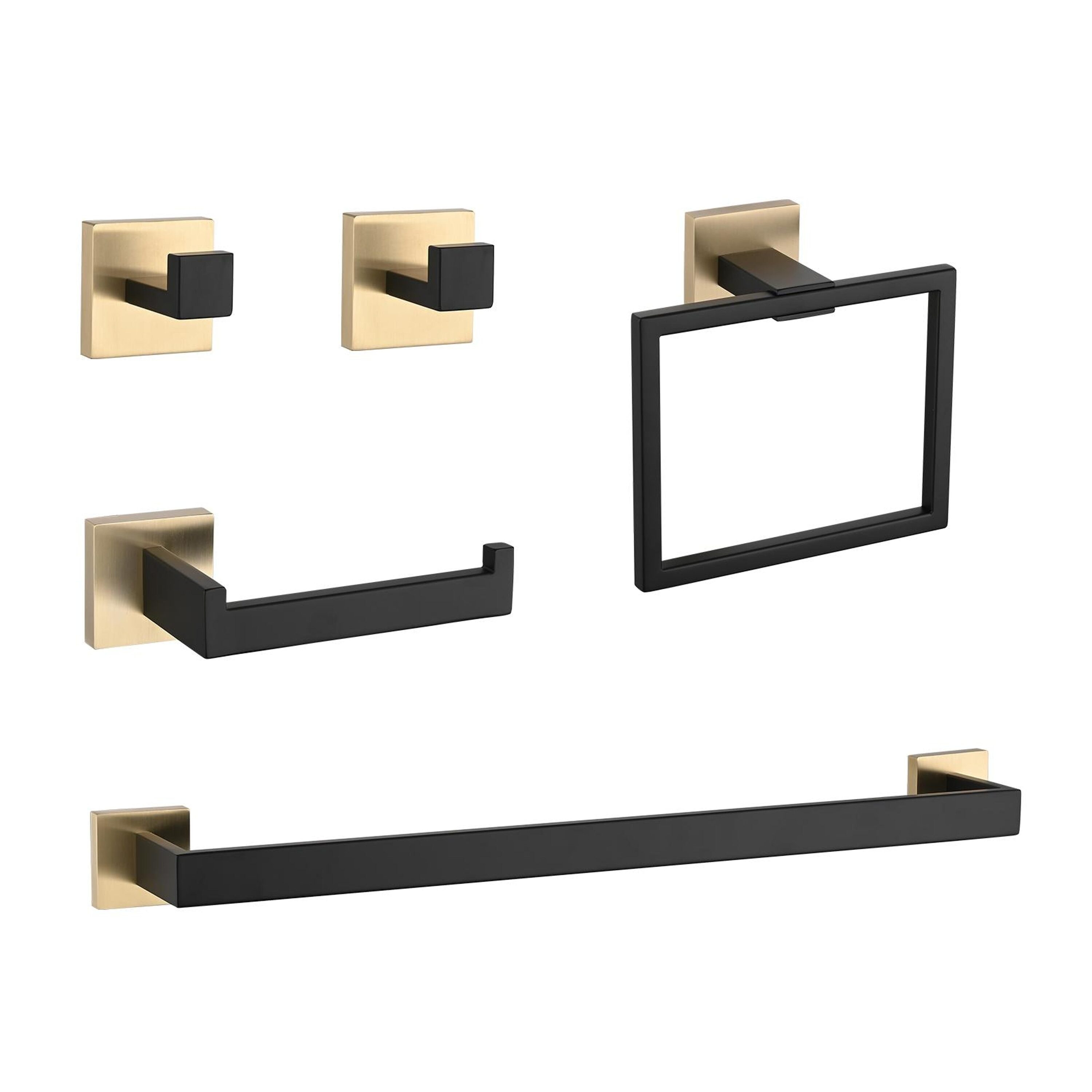 Bayfeve 5-Piece Black and Gold Decorative Bathroom Hardware Set with Towel Bar Toilet Paper Holder Towel Ring and Hooks