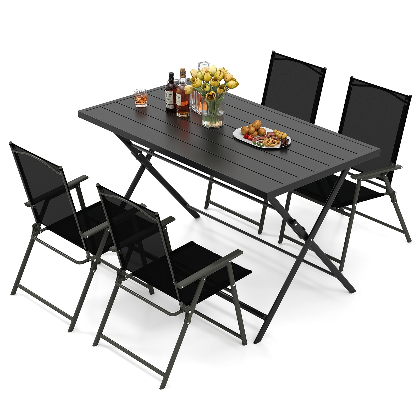 Volenca 5-Piece Folding Metal Mesh Patio Dining Set with 48-in Table and 4 Folding Chairs