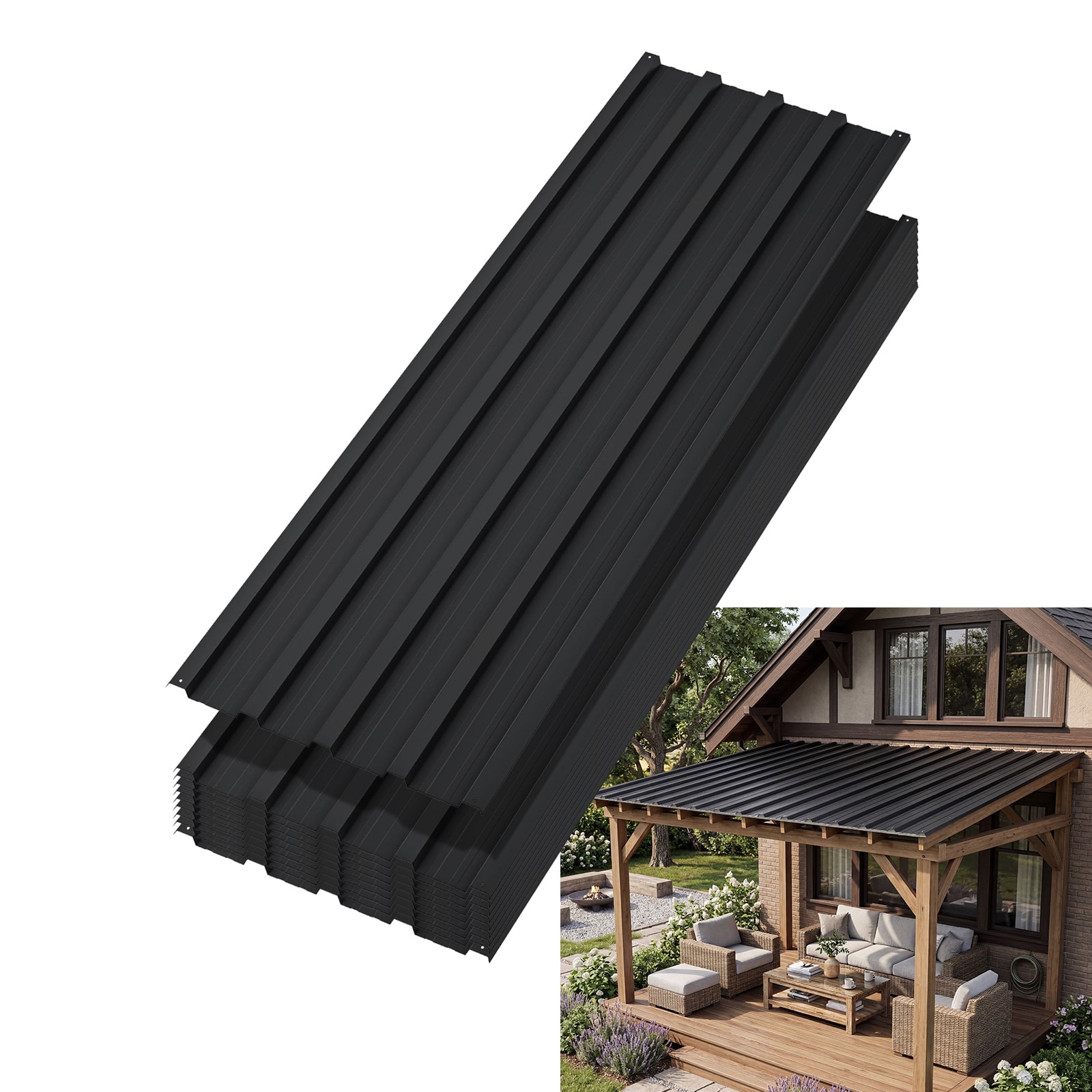 GarveeLife 10 Pack Black Corrugated Metal Roof Panels 60.63-in L x 17.72-in W Galvanized Steel Roof Sheets