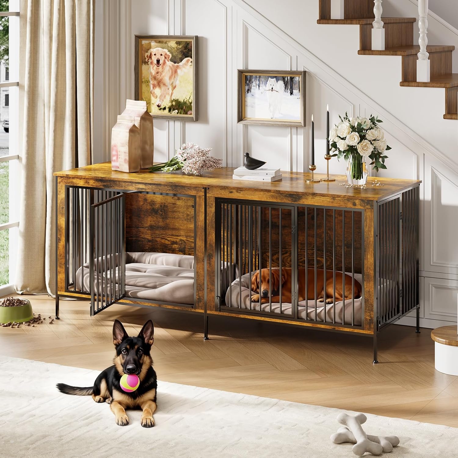 Garvee Extra Large Dog Crate Furniture for Two Dogs Heavy Duty Double Dog Kennel Indoor TV Stand for Medium and Large Dogs 78.74 inch Wide Rustic Brown
