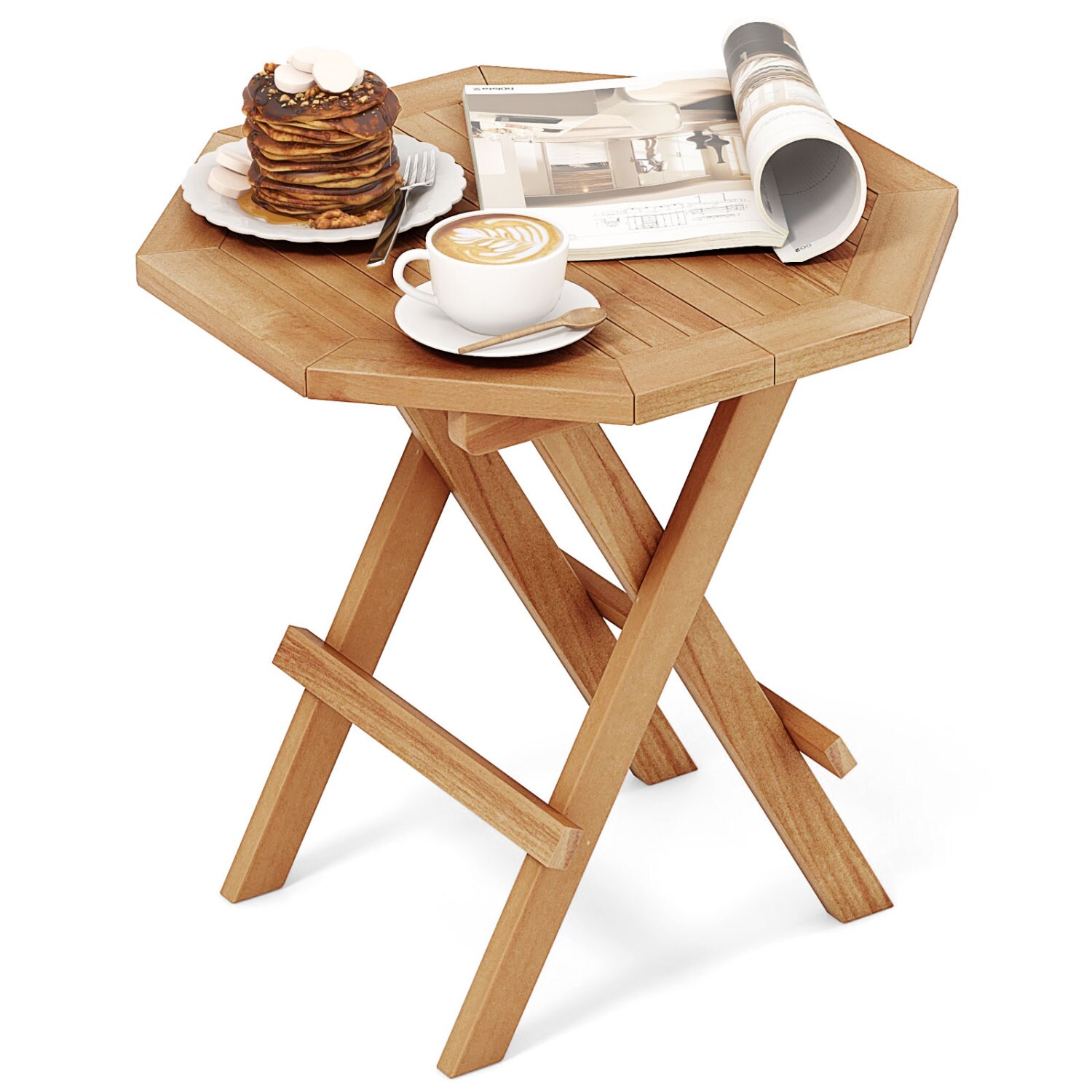 Volenca 20-in Octagon Folding Teak Wood Patio Coffee Table with X-Shaped Legs and Slatted Top