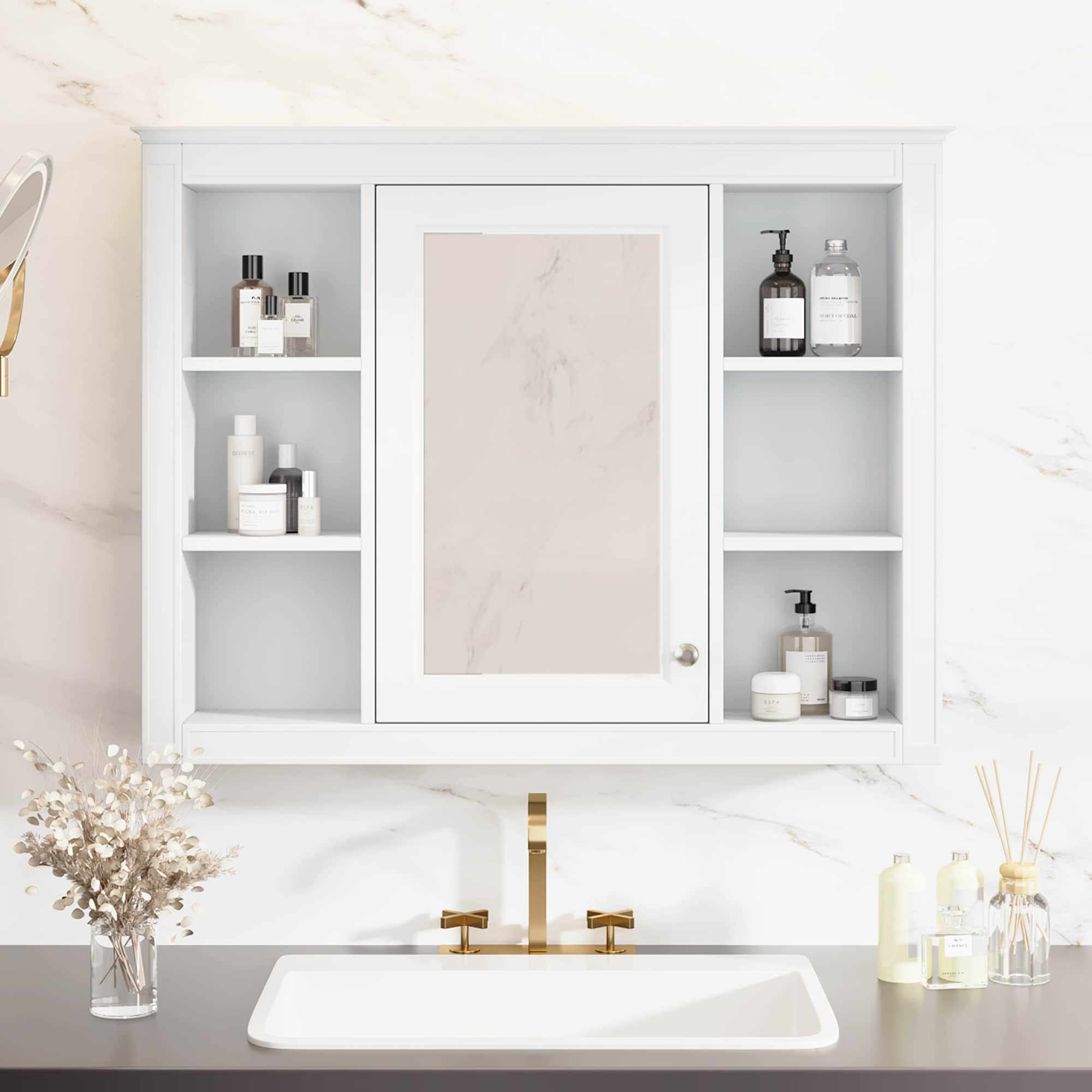 AAZJ 710-322917AAK Medicine Cabinets 35-in x 27.5-in Surface Mount White Mirrored Rectangle Medicine Cabinet