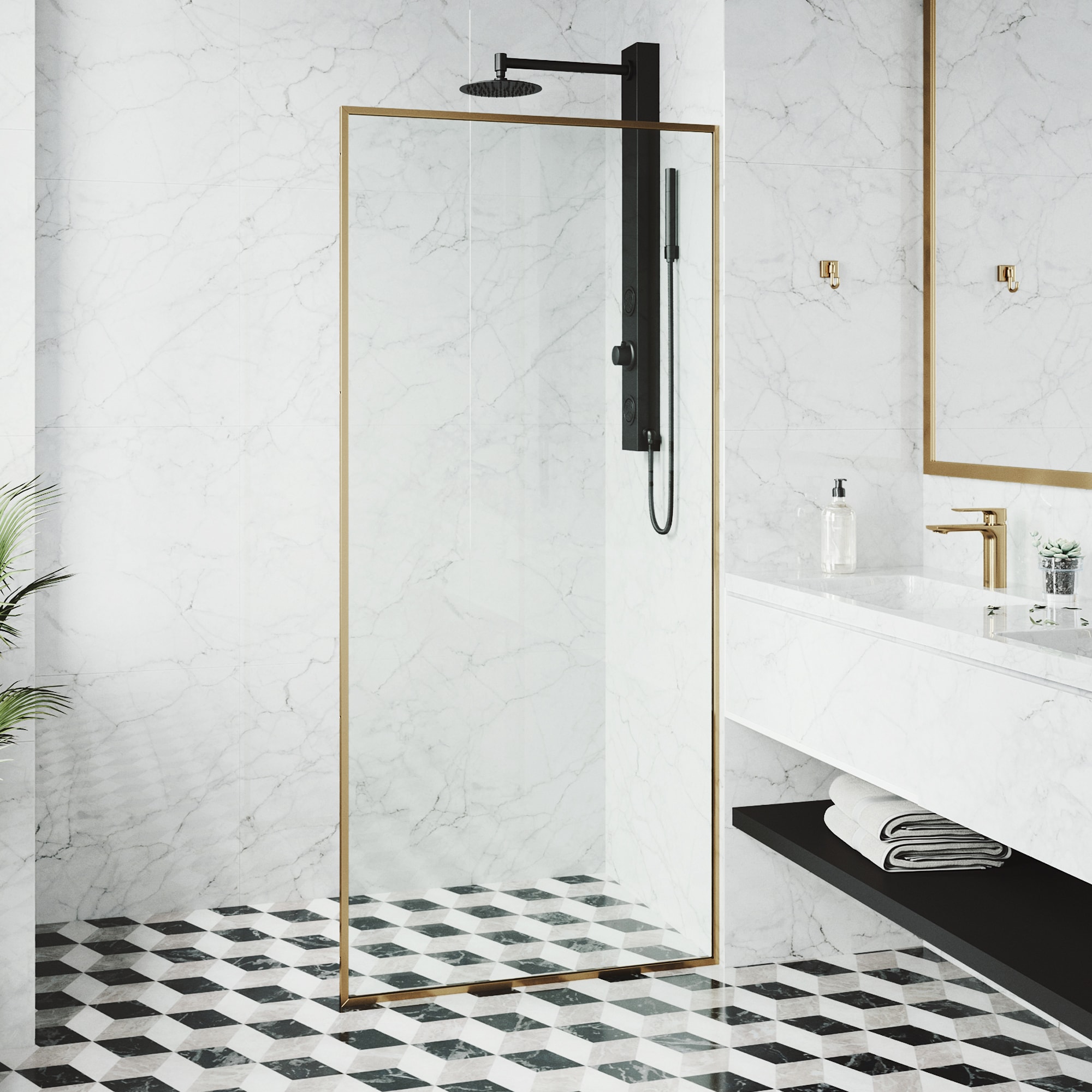 VIGO VG6077MGCL3474 Meridian Matte Brushed Gold 34-in W x 74-in H Framed Fixed Shower door 3/8-in Thick Clear Glass