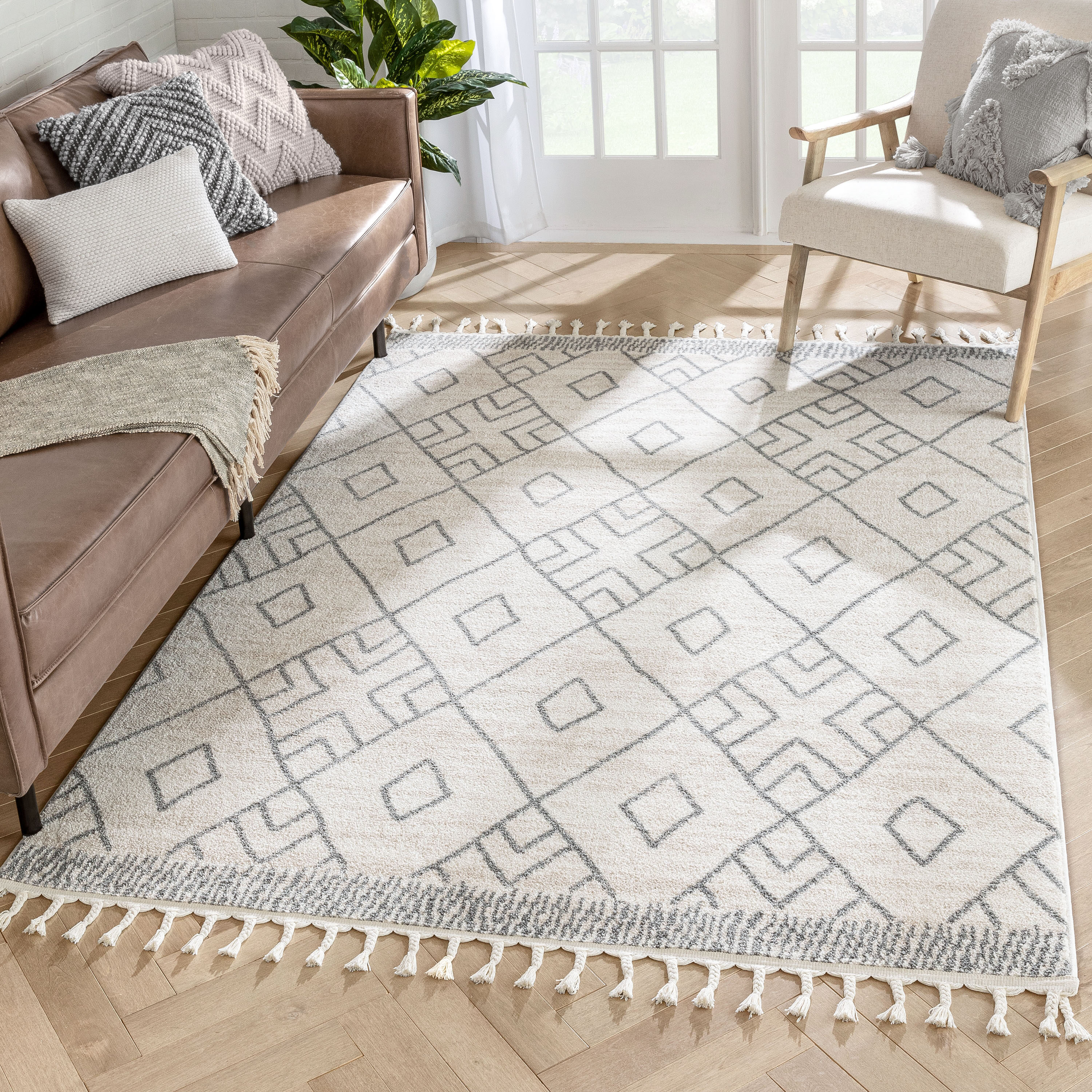 Well Woven SE-262-5 Serenity 5 x 7 (ft) Loomed Polypropylene Ivory Grey Rectangular Indoor Geometric Moroccan Area rug