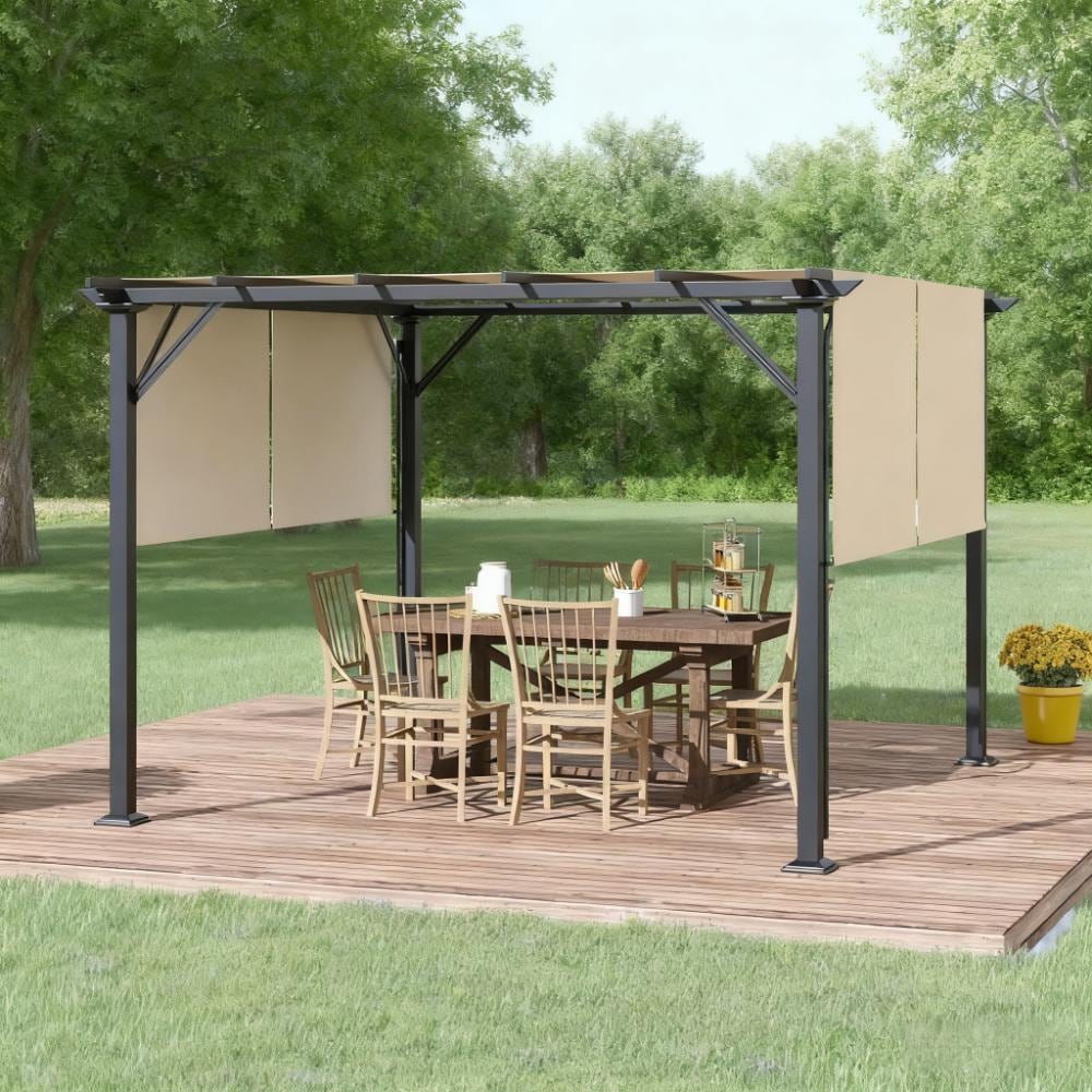 Siavonce - 12-ft W x 10-ft L x 7-ft 3-in H Black Metal Freestanding Pergola with Canopy