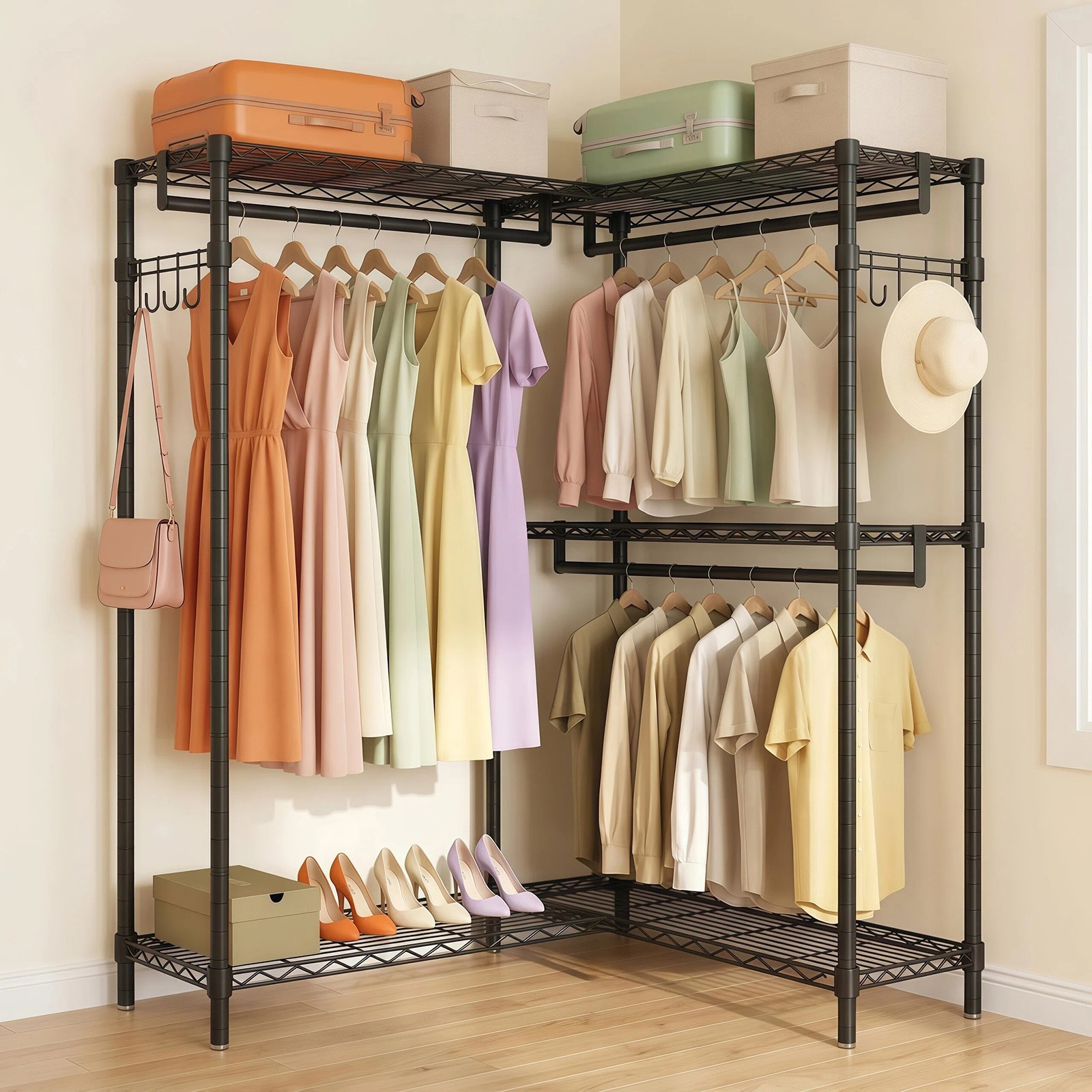 GlasFlength L Shaped Clothes Rack with Shelves 3 Hanging Rods Side ...