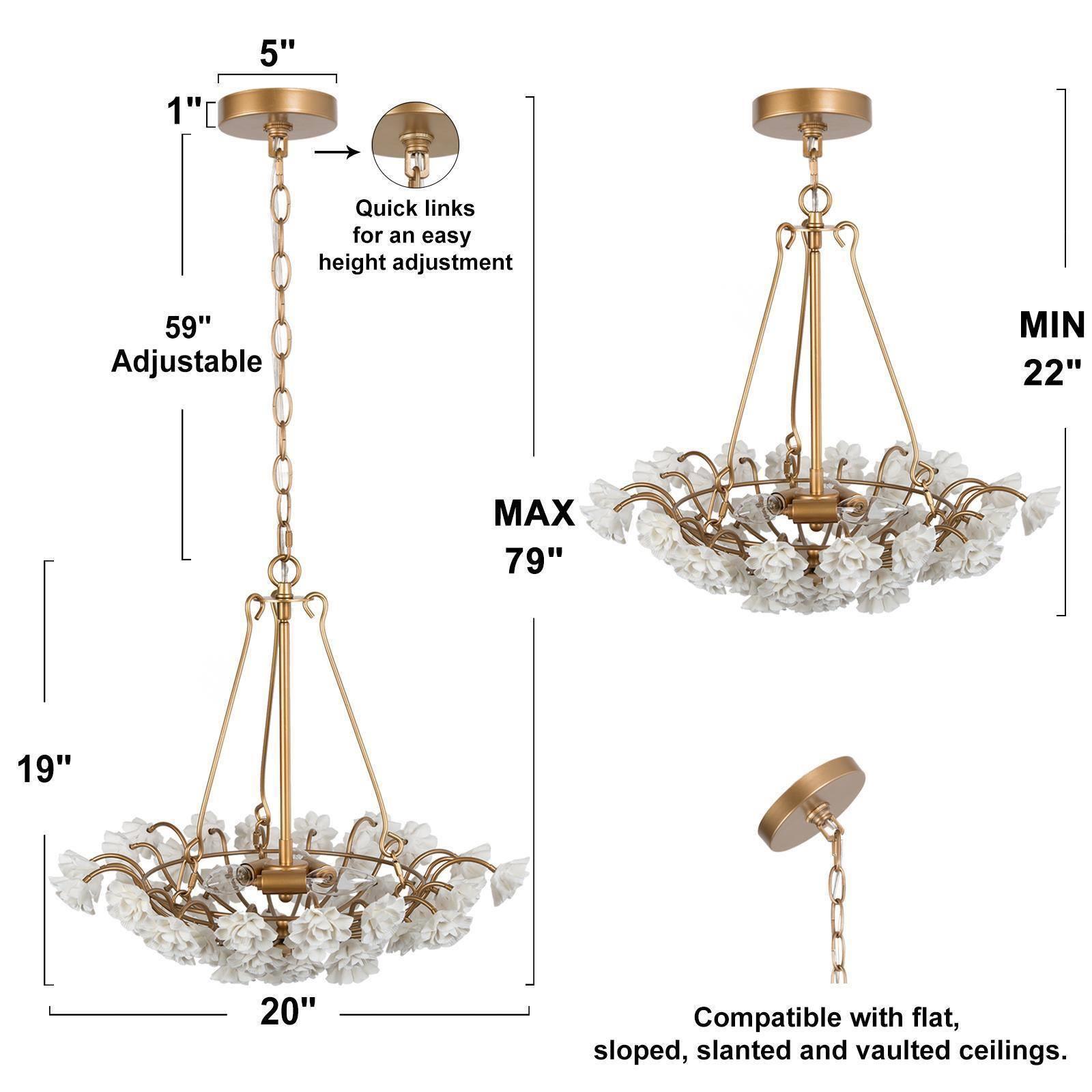 Uolfin Olivia 3-Light Matte Gold and Handmade Ceramic Floral Flowers ...