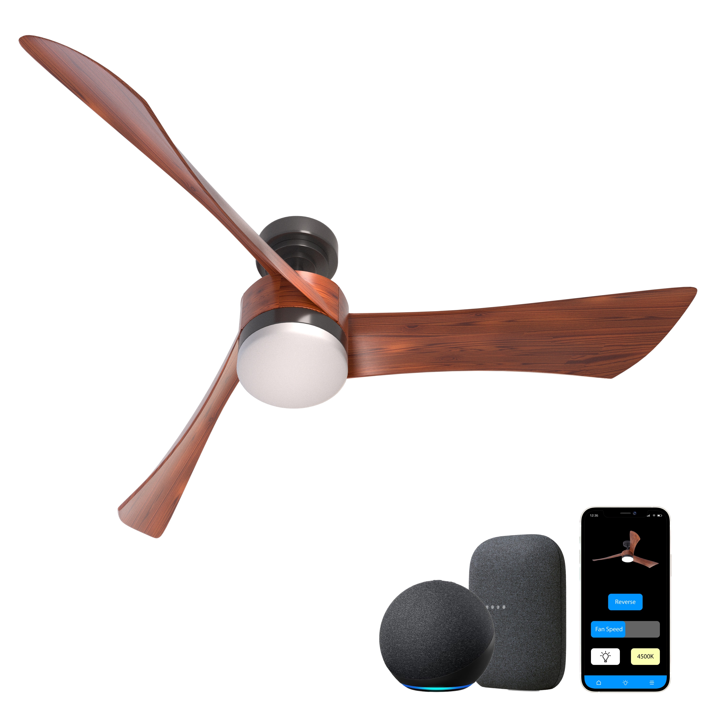 Promounts OHCF03-WT 54-in Color-Changing Outdoor Smart Black with Dark Brown Blades Propeller Ceiling Fan With Light - Remote Included ( 3 -Blade )