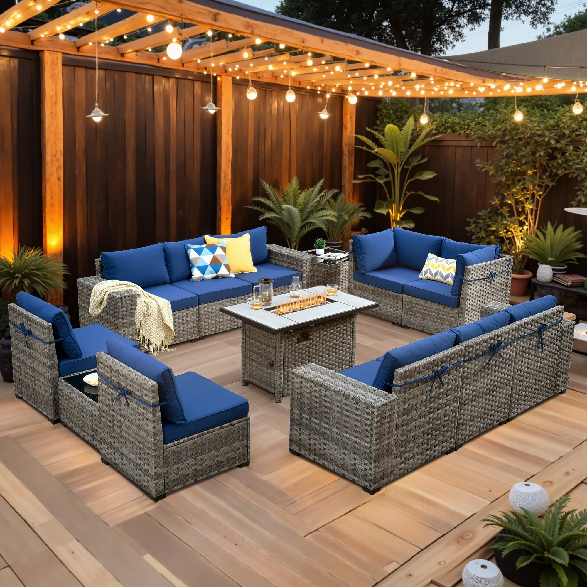 Ovios RFPKFS702 13 -Piece Wicker 2 Patio Sofa Conversation Set with Navy Cushions