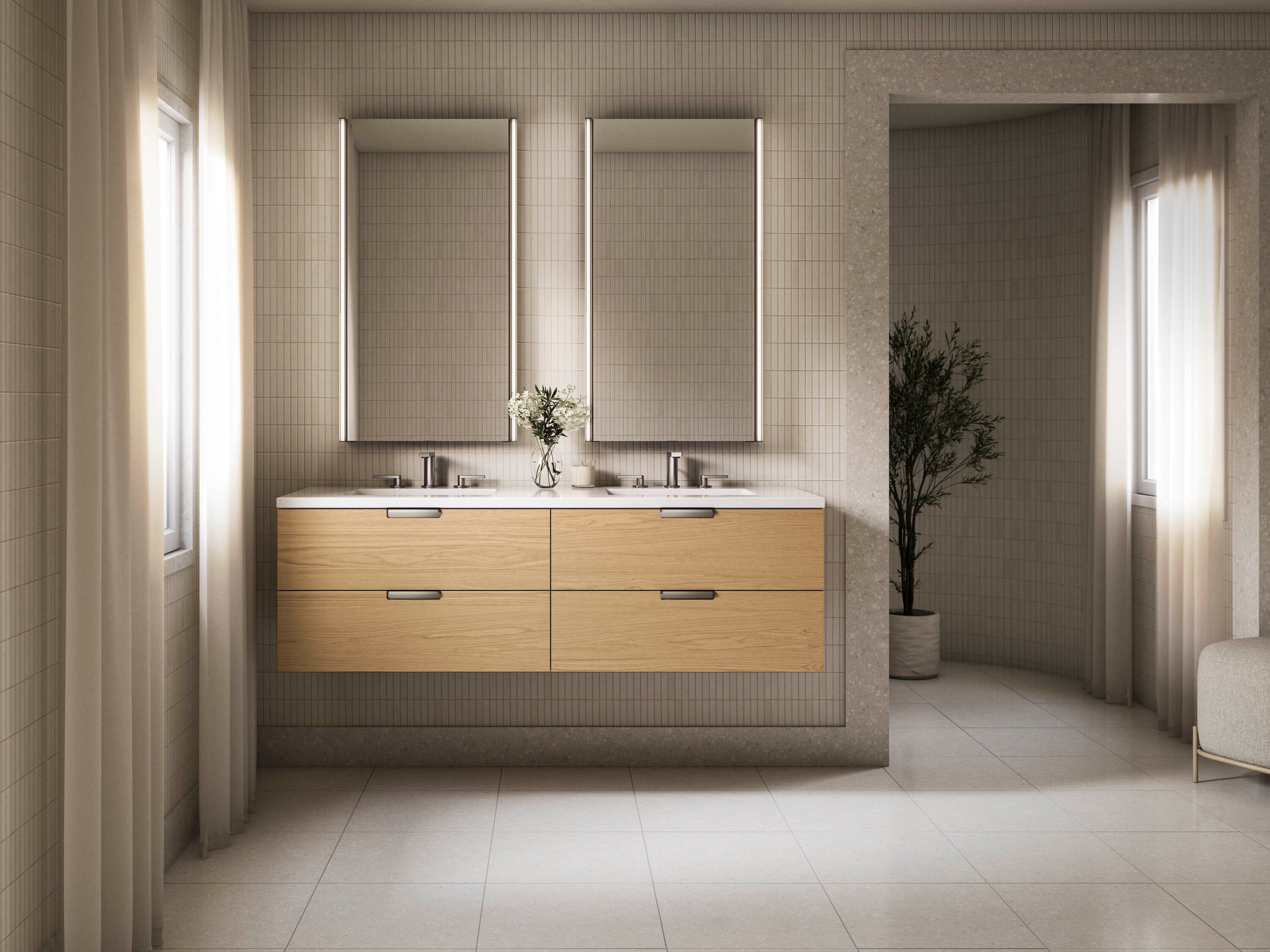 KOHLER 34657-WEK Maxstow 60-in Light Oak Undermount Double Sink Floating Bathroom Vanity with White Quartz Top