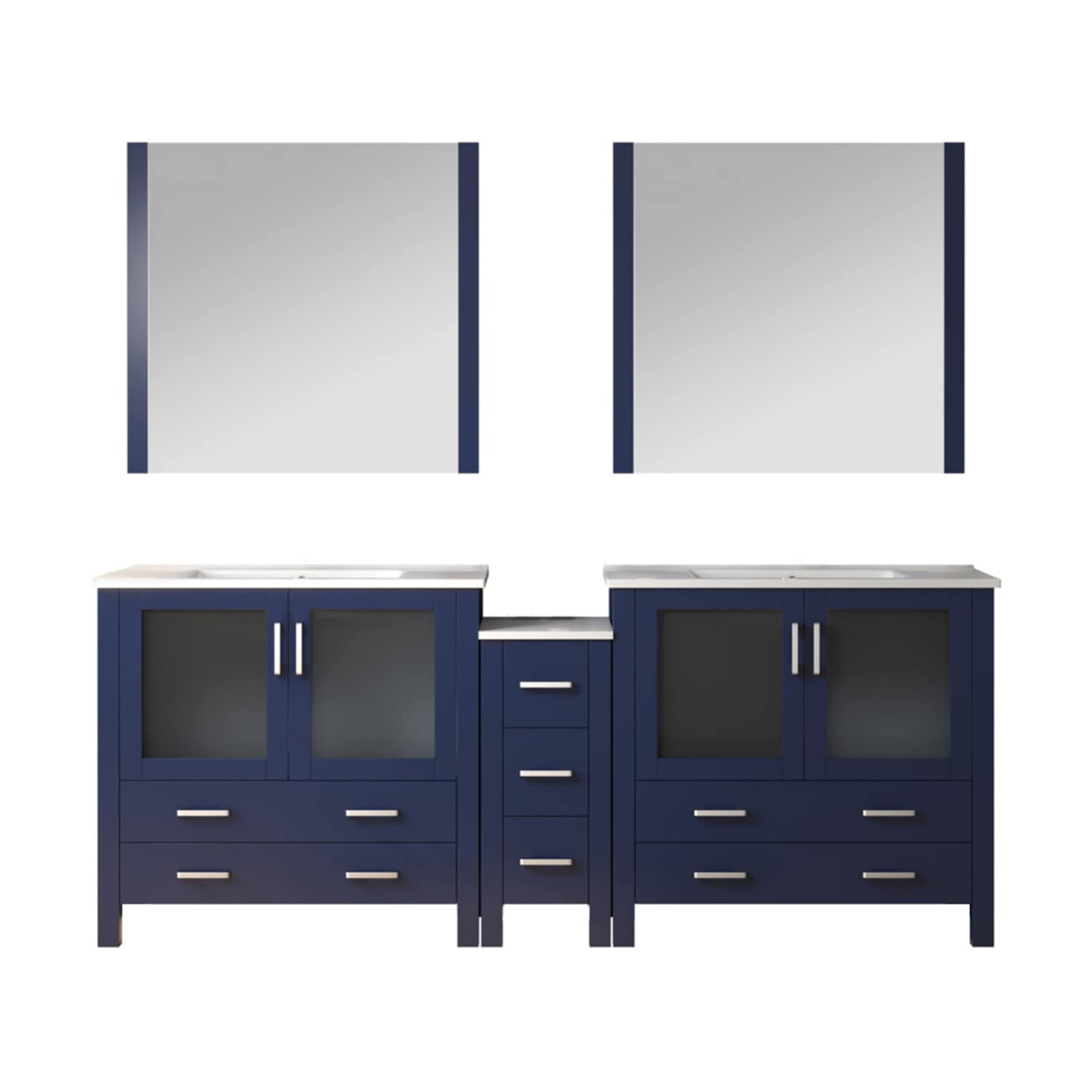 Lexora LV341884SEESM34 Volez 84-in Navy Blue Double Sink Bathroom Vanity with White Ceramic Top (Mirror Included)
