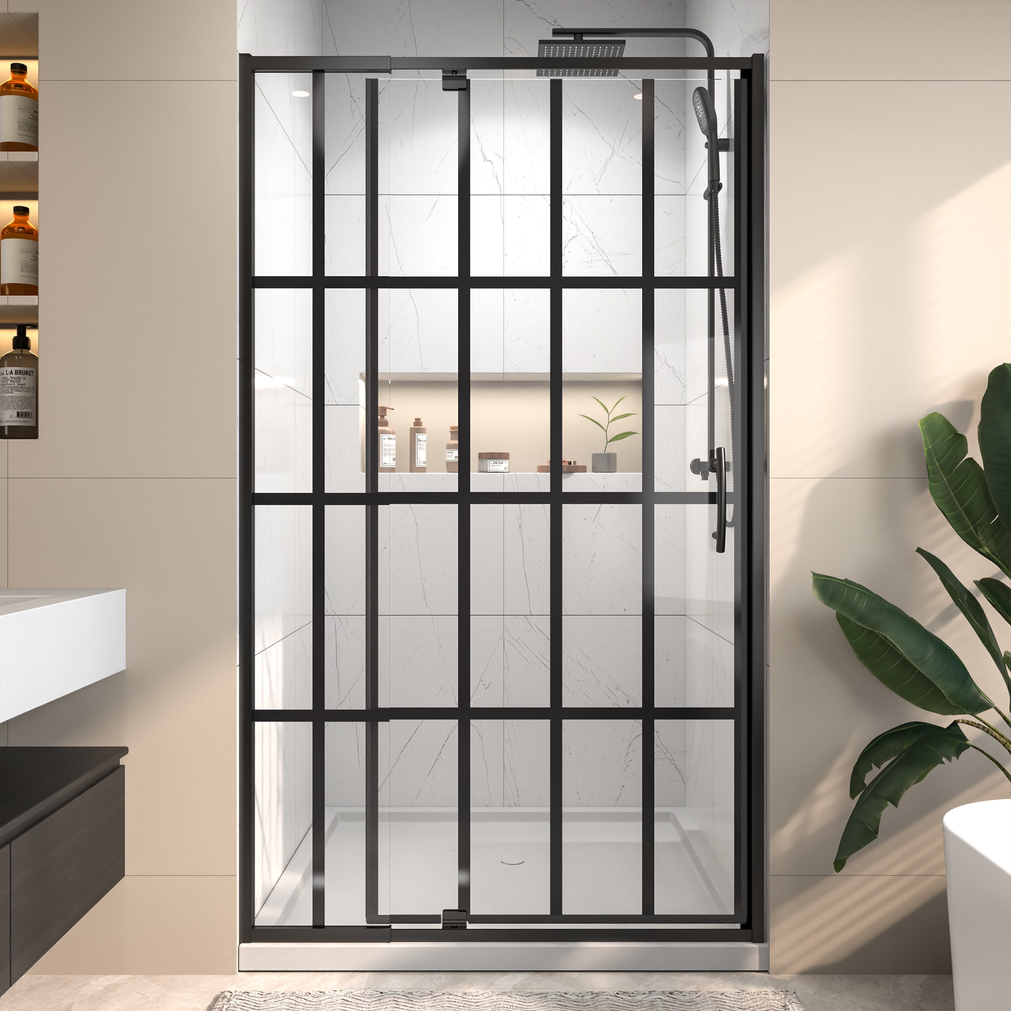 LIVIZA - Black Silk Screen 38-in to 42-in W x 71-in H Framed Clear with privacy band Glass Pivot ...