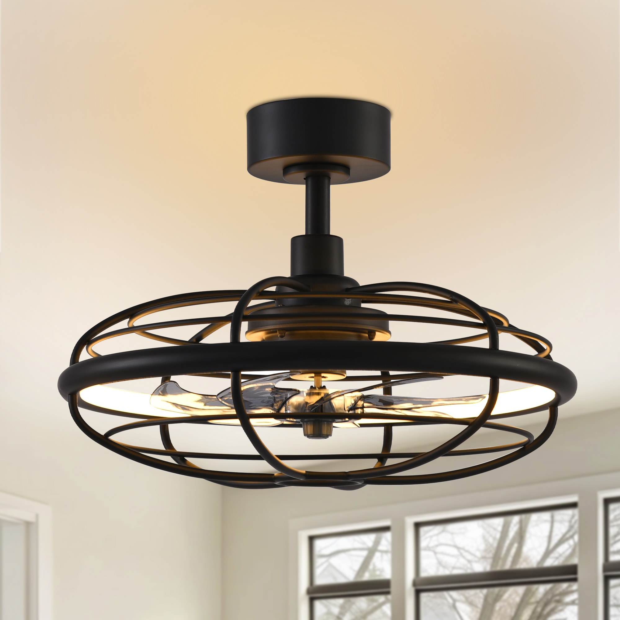 Breezary 23012-CT 21-in Color-Changing Integrated LED Matte Black with Clear Blades Cage Ceiling Fan With Light - Remote Included ( 7 -Blade )