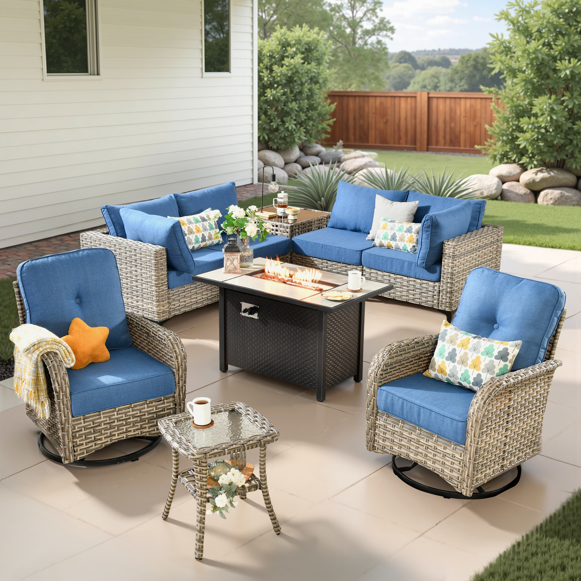 weaxty CFP03DSCRRSYZVNC509 Lotus 9 -Piece Wicker Patio Conversation Set with Blue Cushions