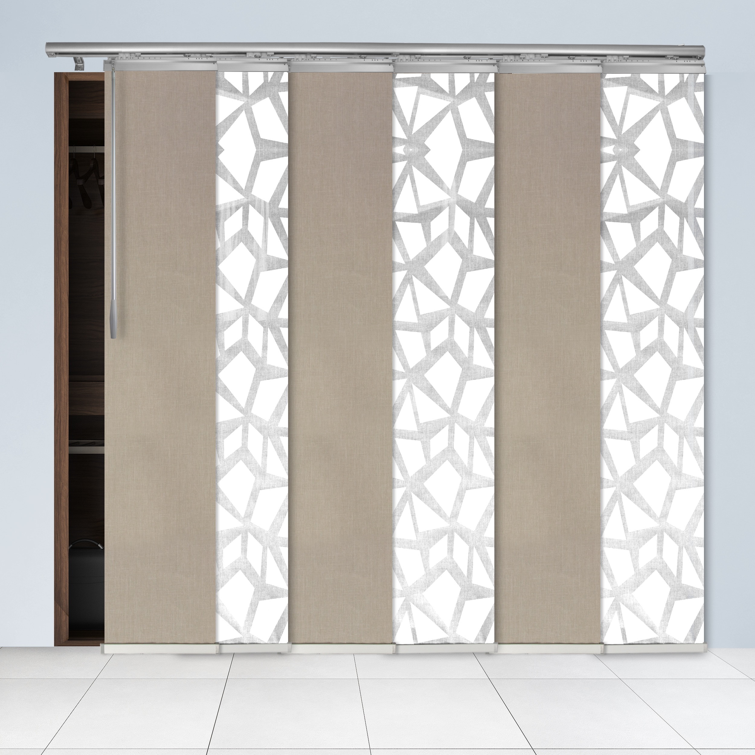Hart & Harlow L-T16-6-3P10D3P23D 6-Panel Single Rail Panel Track 48-84-in W x 91.4-in H Panel Width 15.75-in 15.75-in Slat Width 84.0-in x 91.4-in Cordless Lattice, Biscotti Fabric Light filtering Panel track blinds