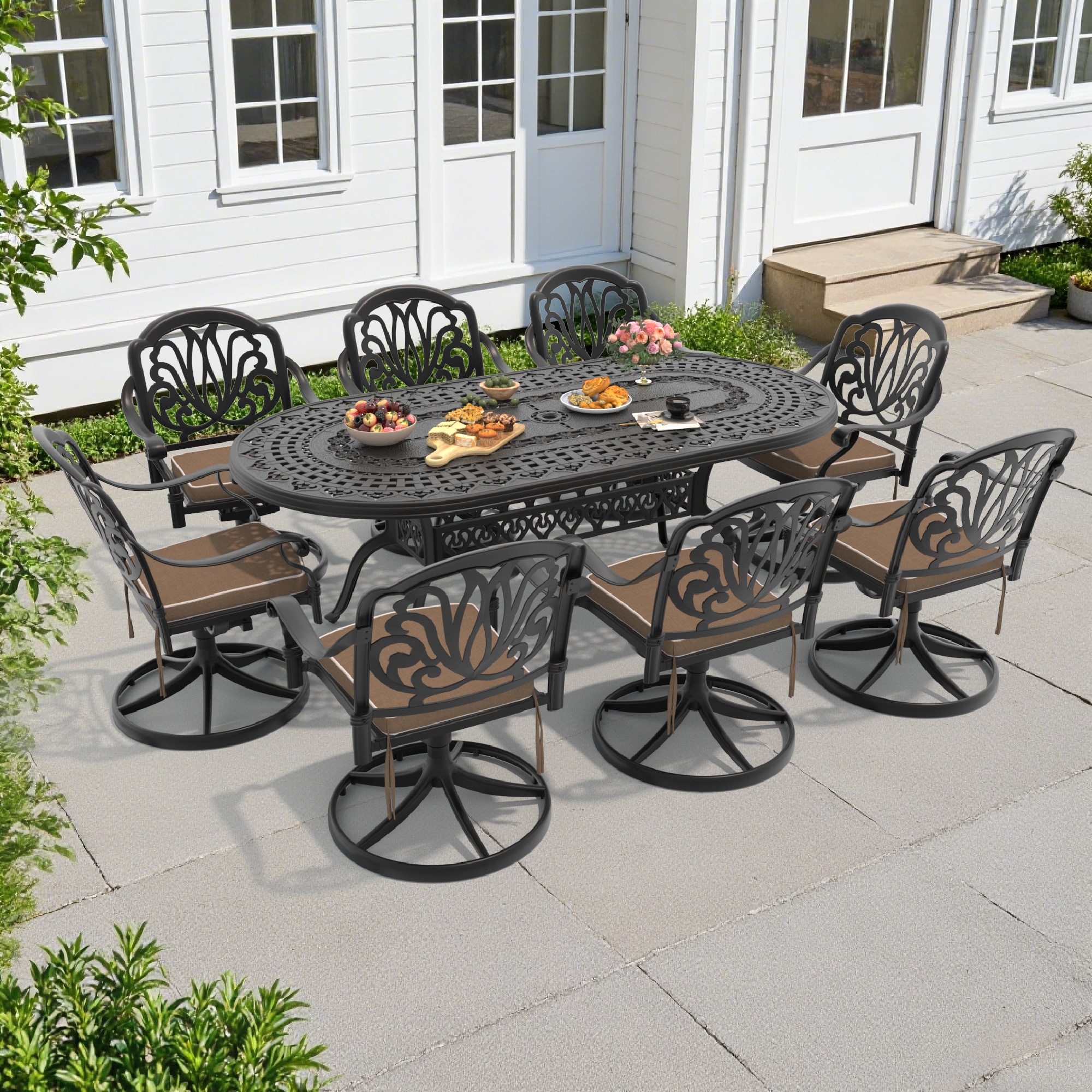 nicesure SLBK6002SC8A1117 9 -Piece Black Patio Dining Set Aluminum Oval Table with 8 Cushions Swivel Rocker Chairs