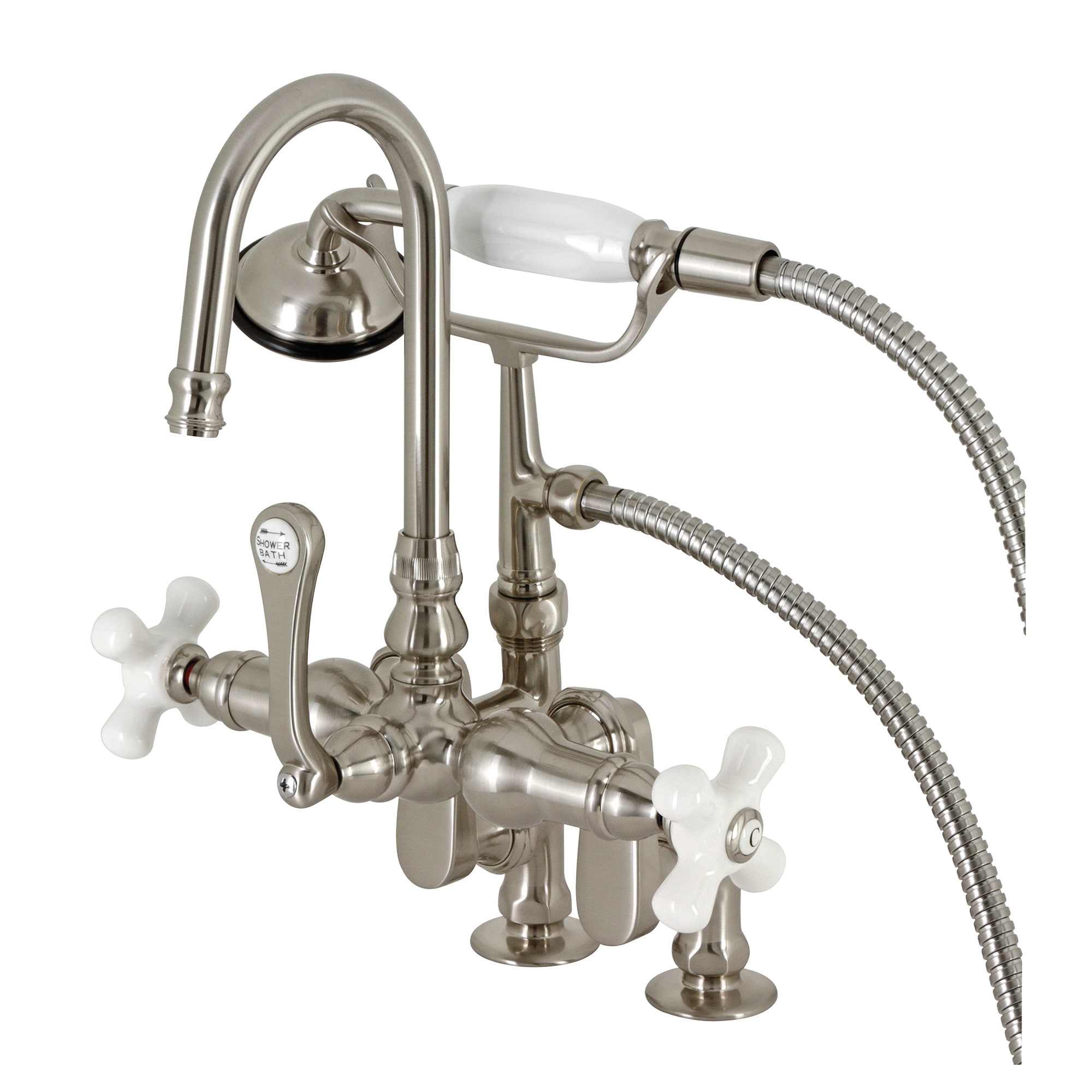 Kingston Brass WLCC8538PX Brushed nickel 3-handle Deck-mount Roman High-arc Bathtub Faucet with Hand Shower ( Valve Included )
