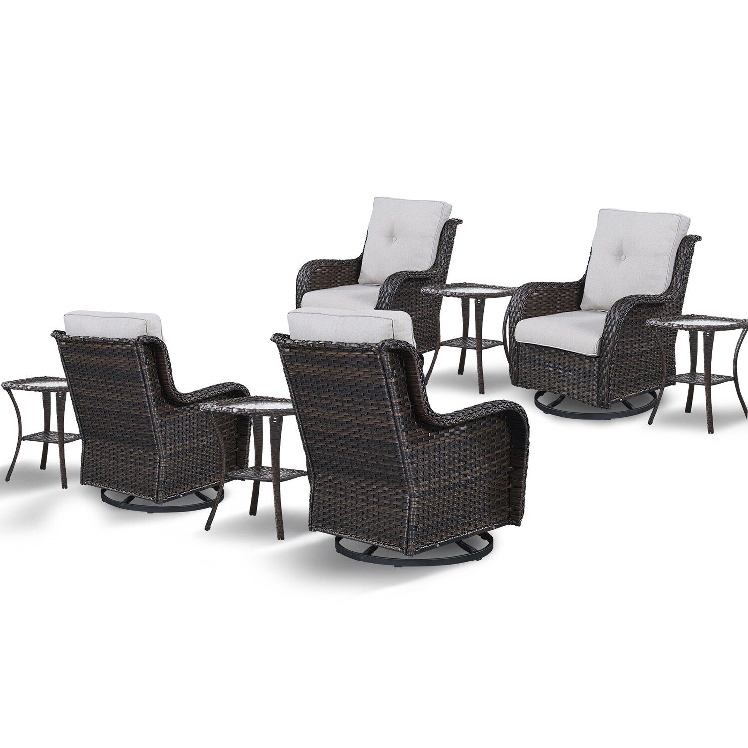 Rilyson FS035X2025X2-2 Curved handrail Set of 4 Wicker Brown Steel Frame Swivel glider Rocking Chair with Multiple colors/finishes Beige Cushioned Seat