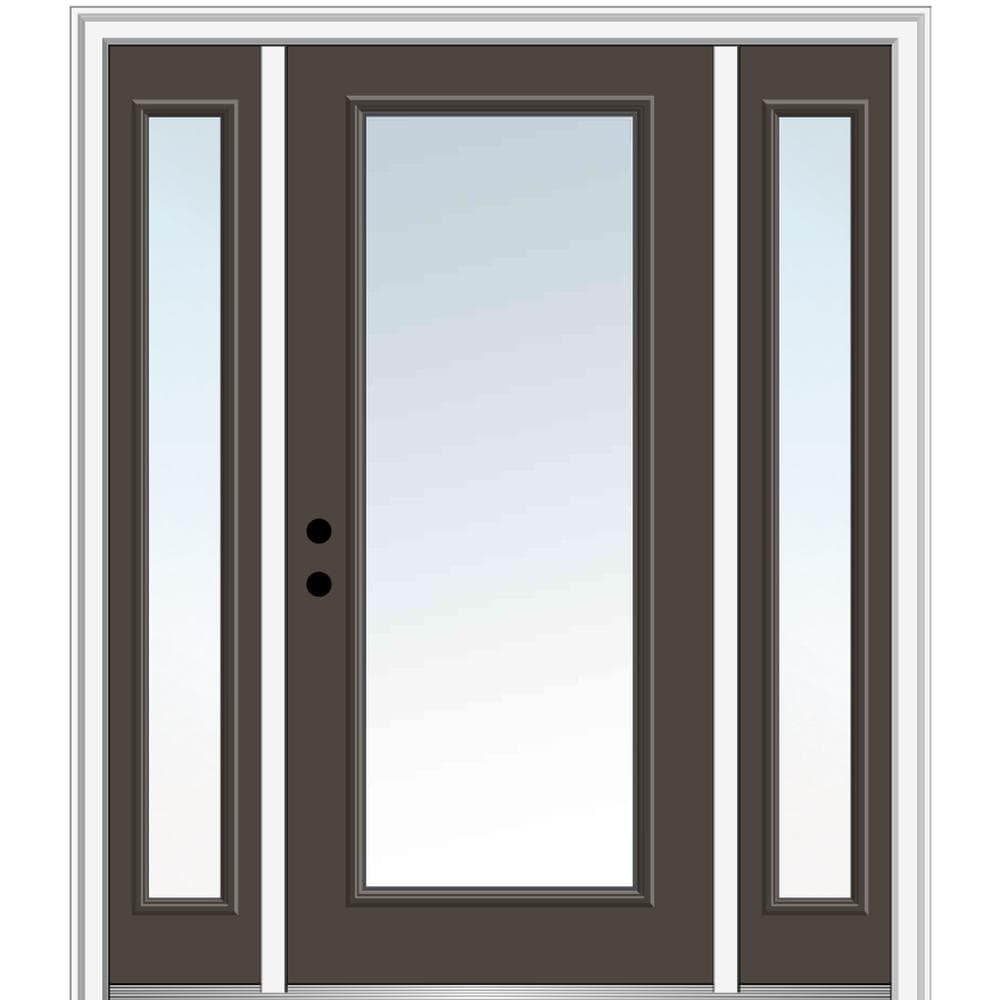 MMI DOOR ZZ04893R 64-in x 80-in x 4-9/16-in Fiberglass Full lite Right-hand inswing Brown Painted Prehung Front Door with Sidelights with Brickmould Insulating core