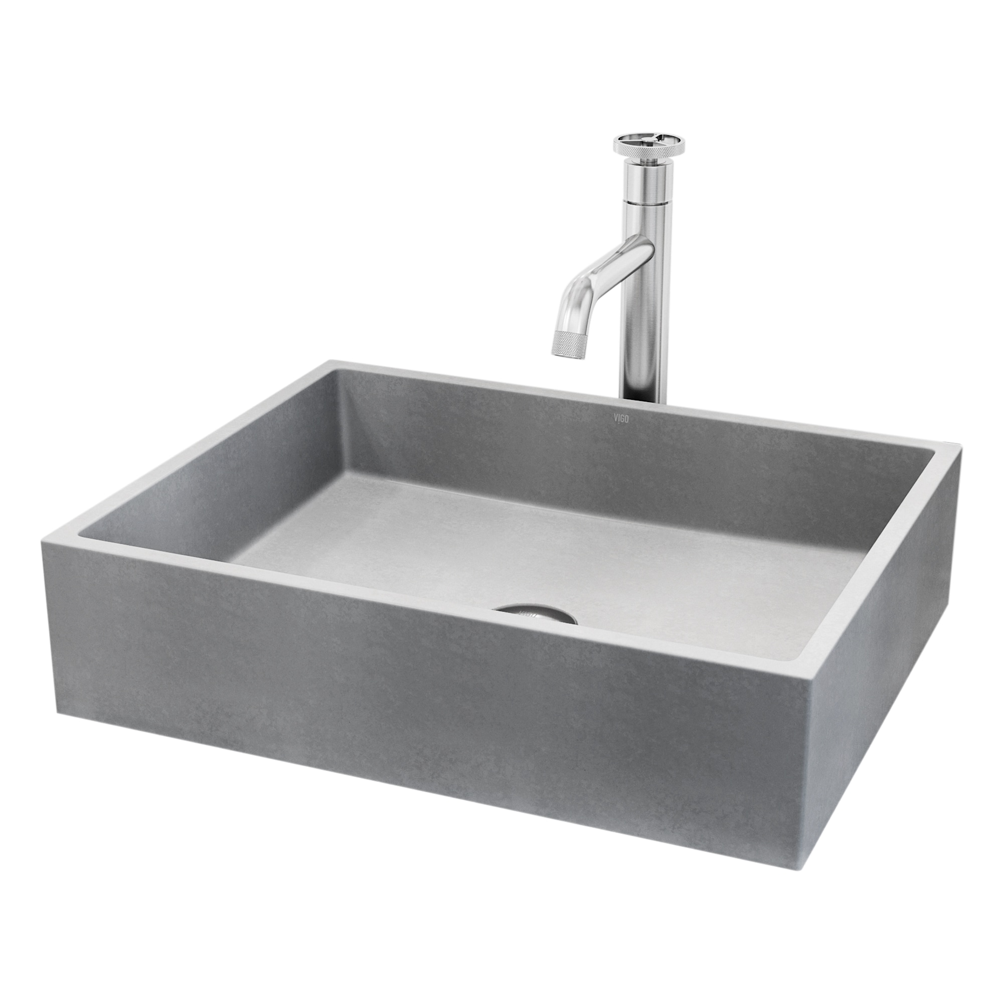 VIGO VGT2091 Concreto Stone Concrete 19 Vessel Rectangular Modern Gray Bathroom Sink with Faucet Included with Drain Included