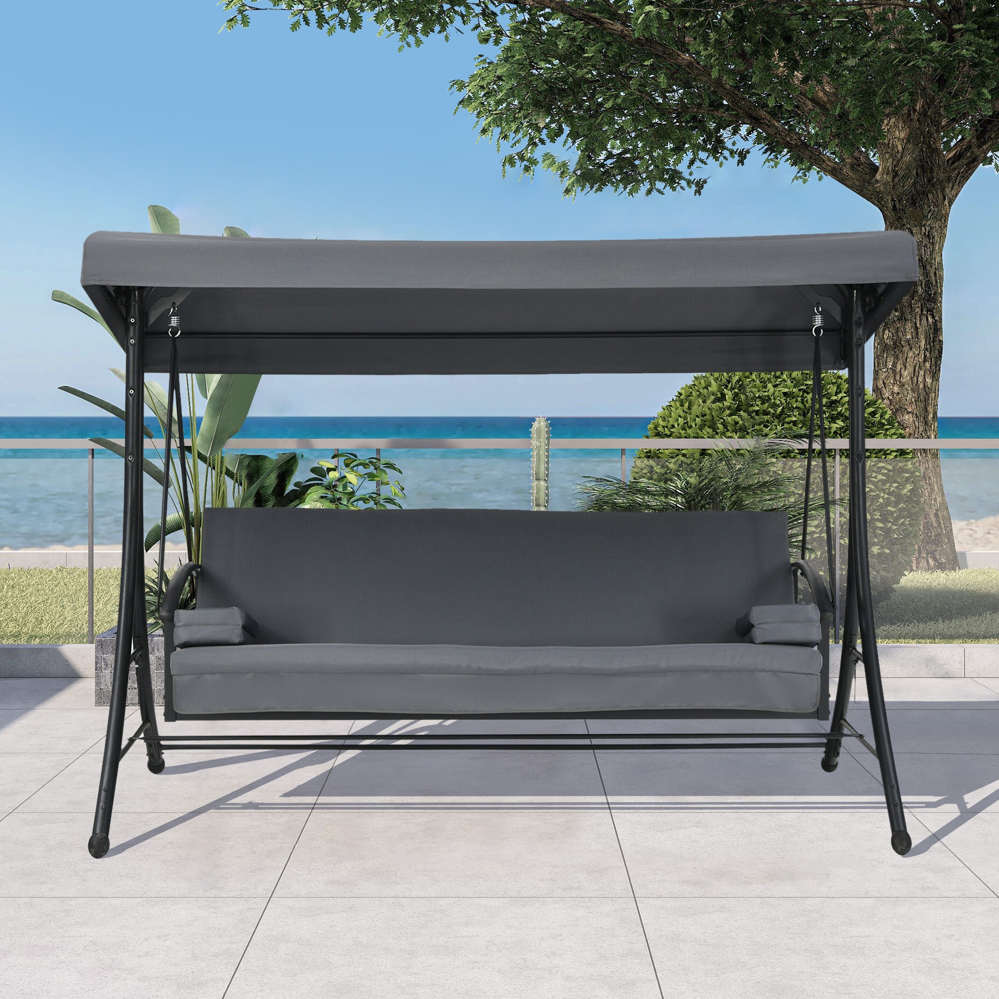 WELLFOR 3-person Gray Steel Outdoor Glider in the Porch Swings ...