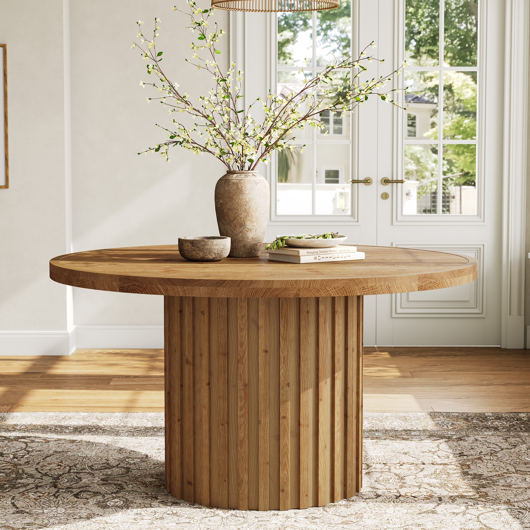 LITTLE TREE - 47 Inch Farmhouse Brown Solid Wood Round Dining Table for 4-6 with Striped Pedestal...
