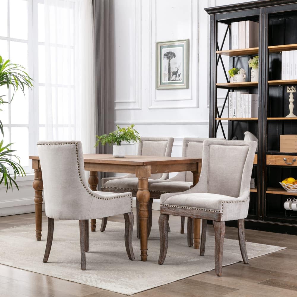 Maison Boucle NIVA-CHAIR-BEIGE-4 Set of 4 Beige Upholstered Dining Chairs with Bronze Nailhead Trim and Solid Wood Legs for Kitchen