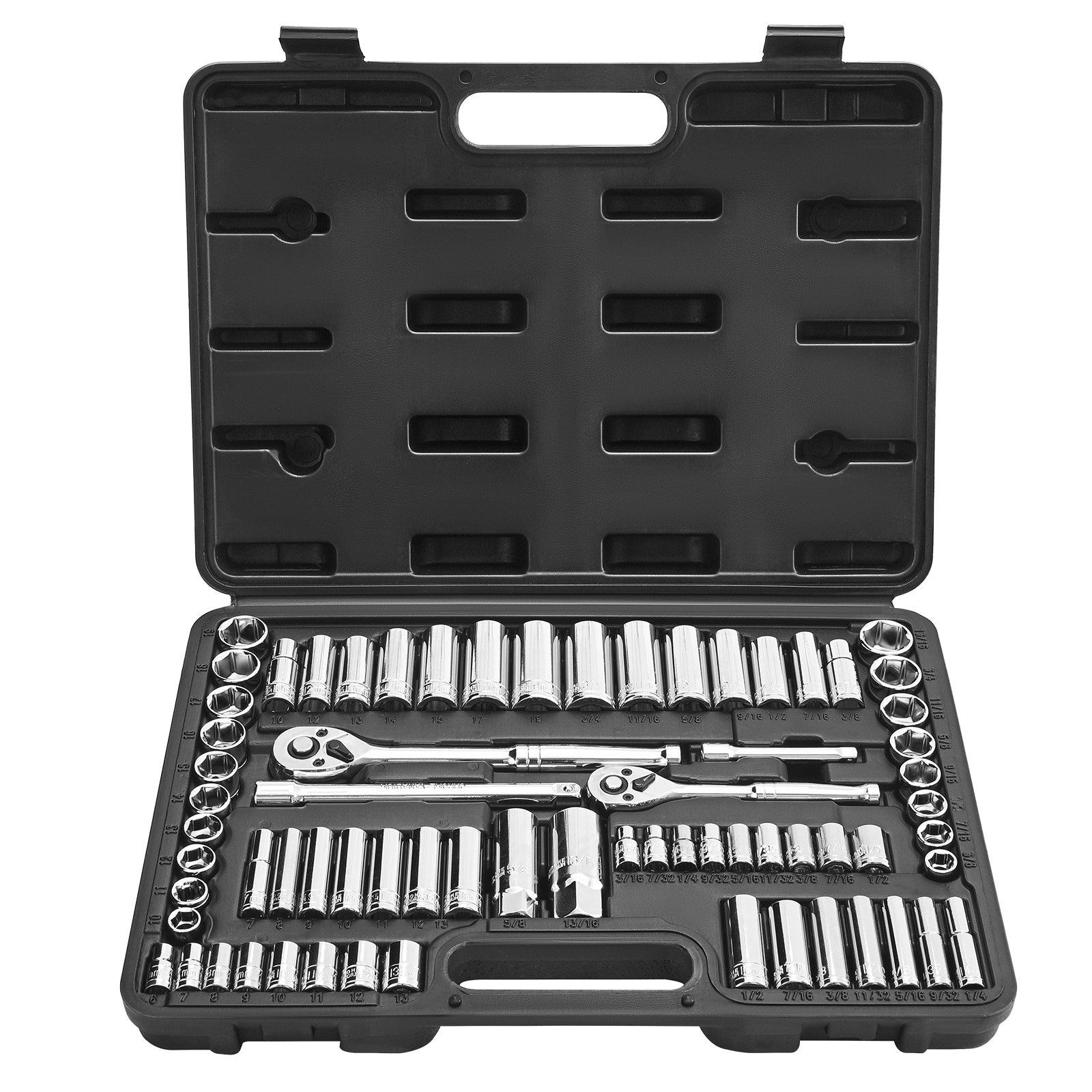 Mecale 69-Piece 3/8 and 1/4 in Drive Socket Ratchet Set SAE Metric Deep Standard Chrome Plated CR-V