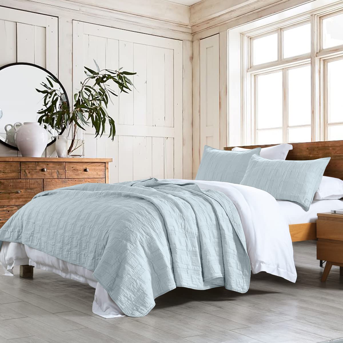 WZKZLH Baby Blue Full and Queen 3 Piece Cotton Quilt Set Pre Washed Geometric Pattern Lightweight All Season Bedding Cover With Pillow Shams