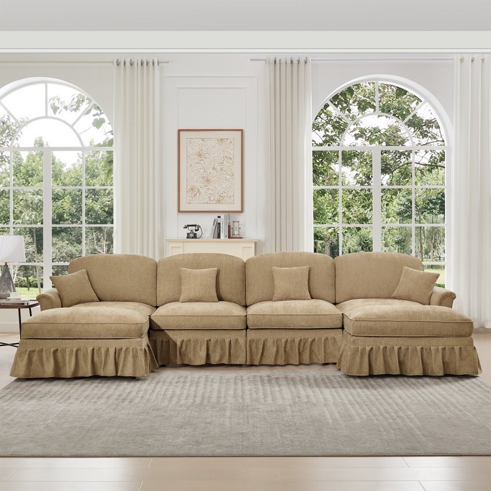Coolbibila Mid-Century U-Shape Sectional Sofa with Ottomans 4-Seater Sofa with Flared Arms and Removable Skirts Brown Chenille Couch with Cushion