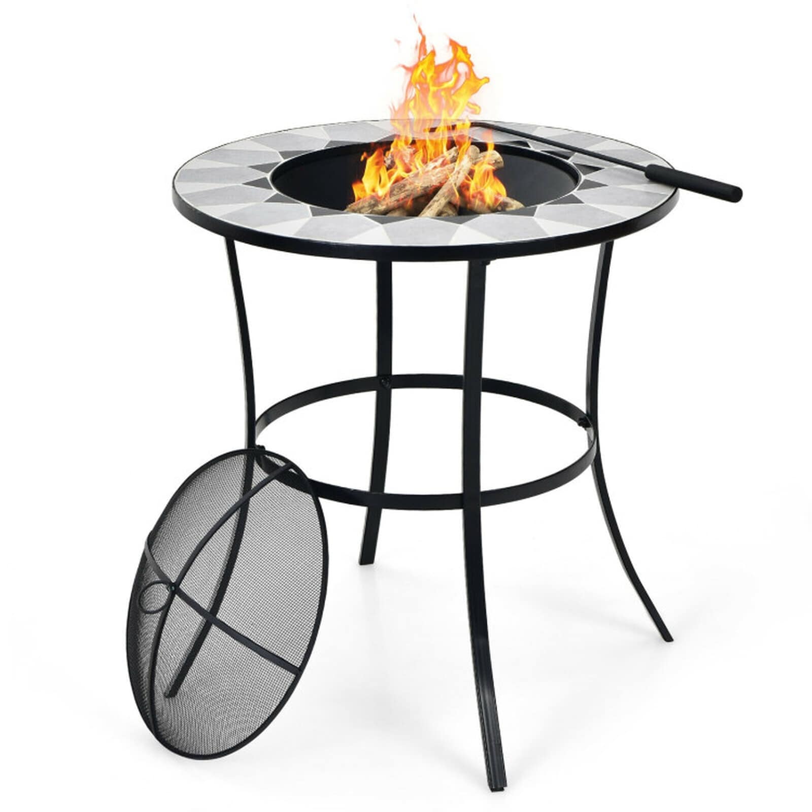 SUGIFT - 23.5-in Round Wood Burning Fire Pit Table with Mesh Spark Cover Fire Poker 110-lb Tablet...