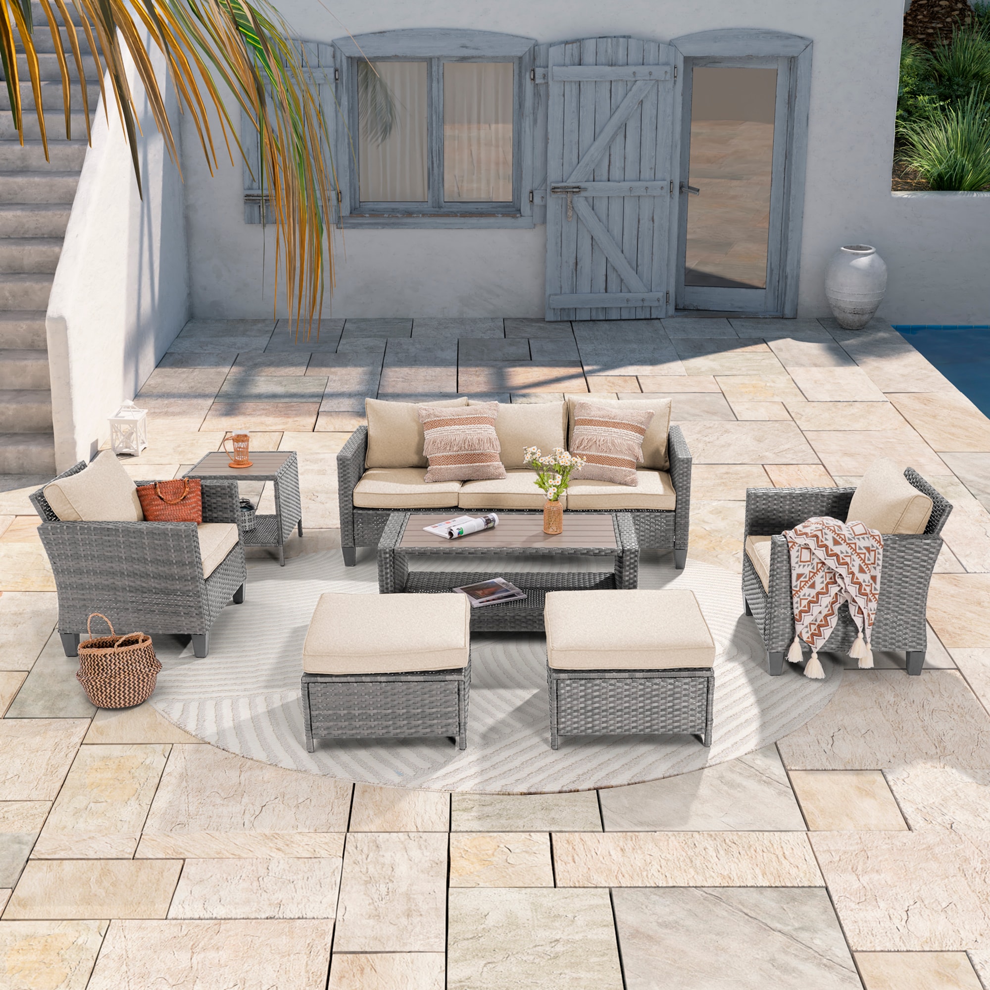 ACEGOSES LW-115HBG-S1T3 7 -Piece Wicker Patio Sofa Conversation Set with Tan Cushions