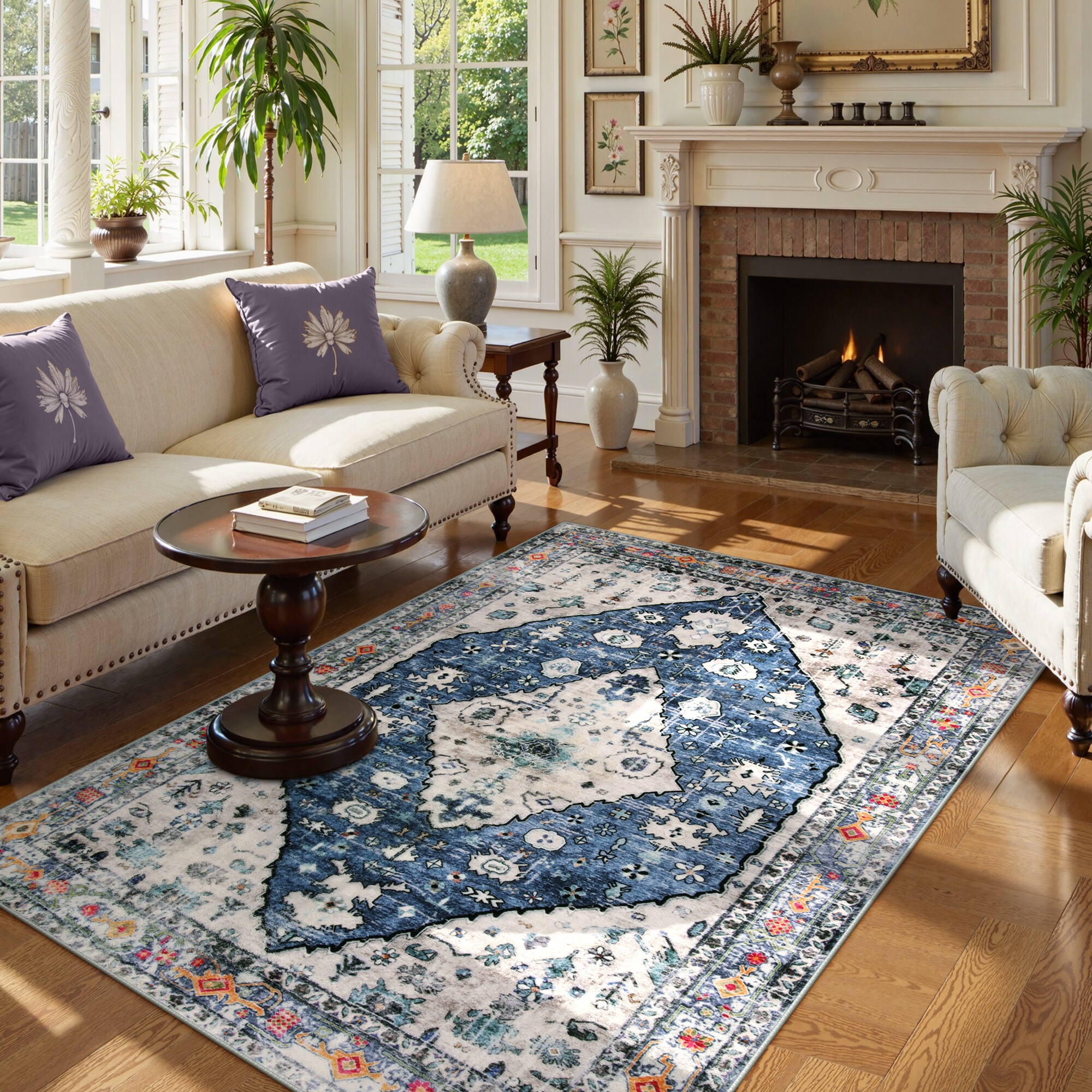 Lahome AR-DYR-001-B2 5x7(ft) Blue White Washable Traditional Abstract Non Slip Ultra Thin Soft Area Rug