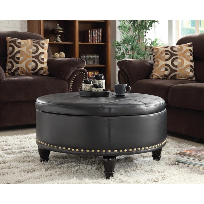 Osp Home Furnishings Midcentury Black, Black Leather Ottoman Coffee Table Round