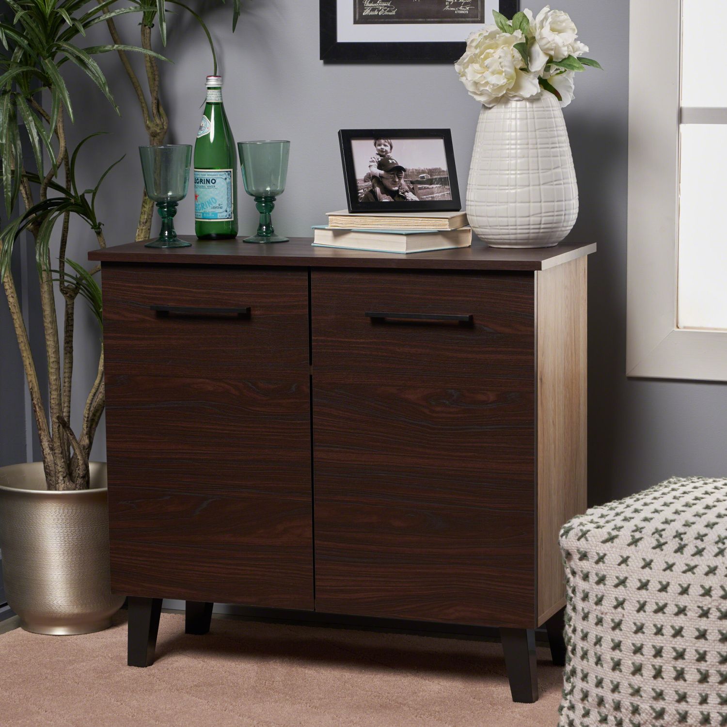 JASMODER W160881076 Willson Modern 3-Shelf Walnut Finished Faux Wood Cabinet With Oak Accent