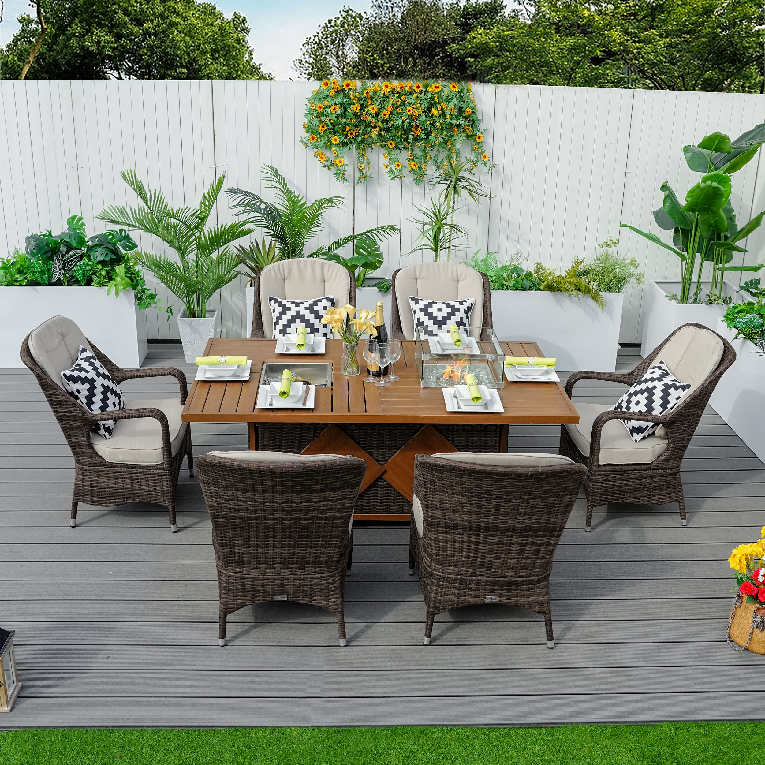 Moda Furnishings 1106FI-009-B 1106FI-009-BR 7 -Piece Brown Wicker Patio Dining Set Wicker Rectangle Table with 6 Tan Cushions Stationary Chairs Fire Pit Included